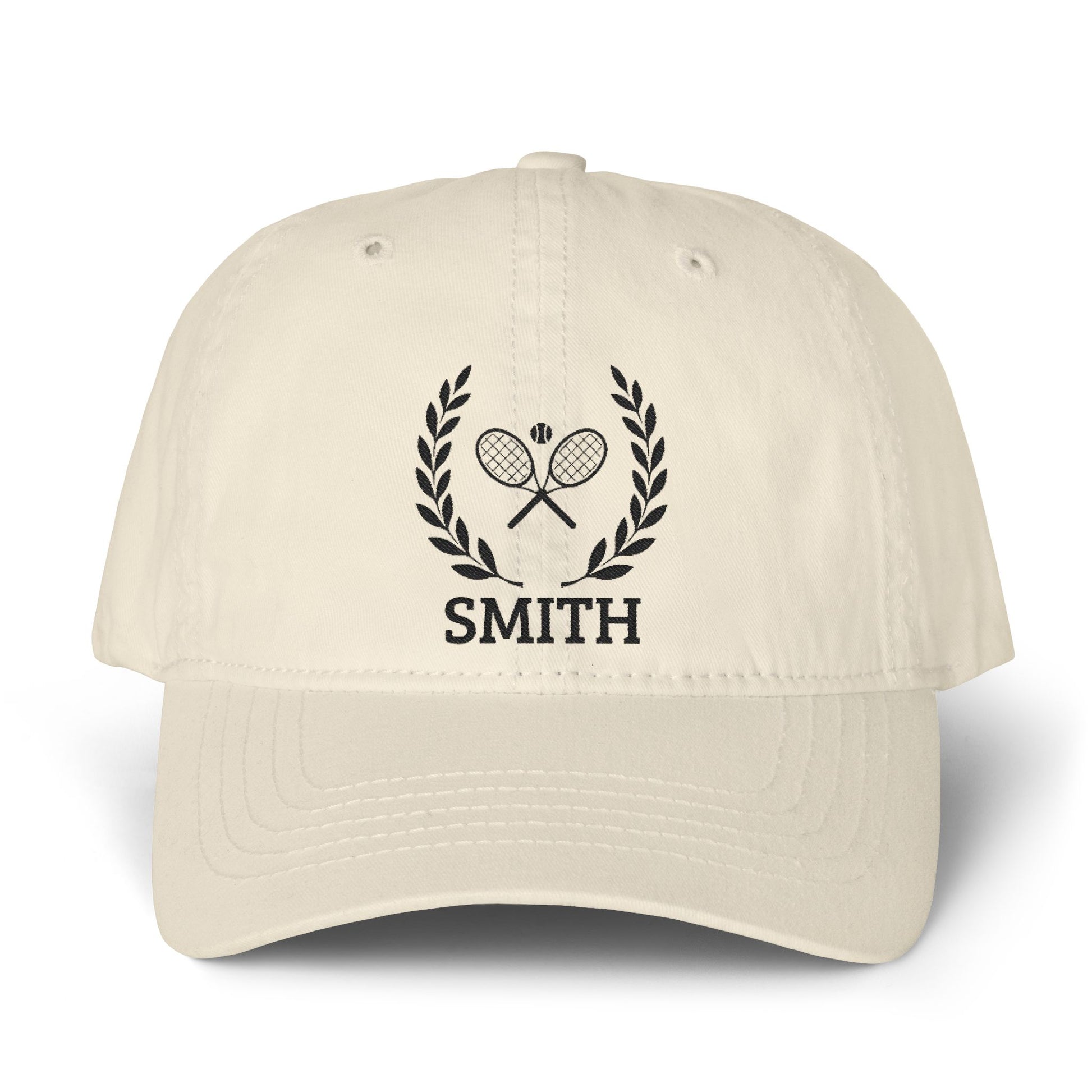 Tennis cap for women Beige cap with black logo and text on a white background
