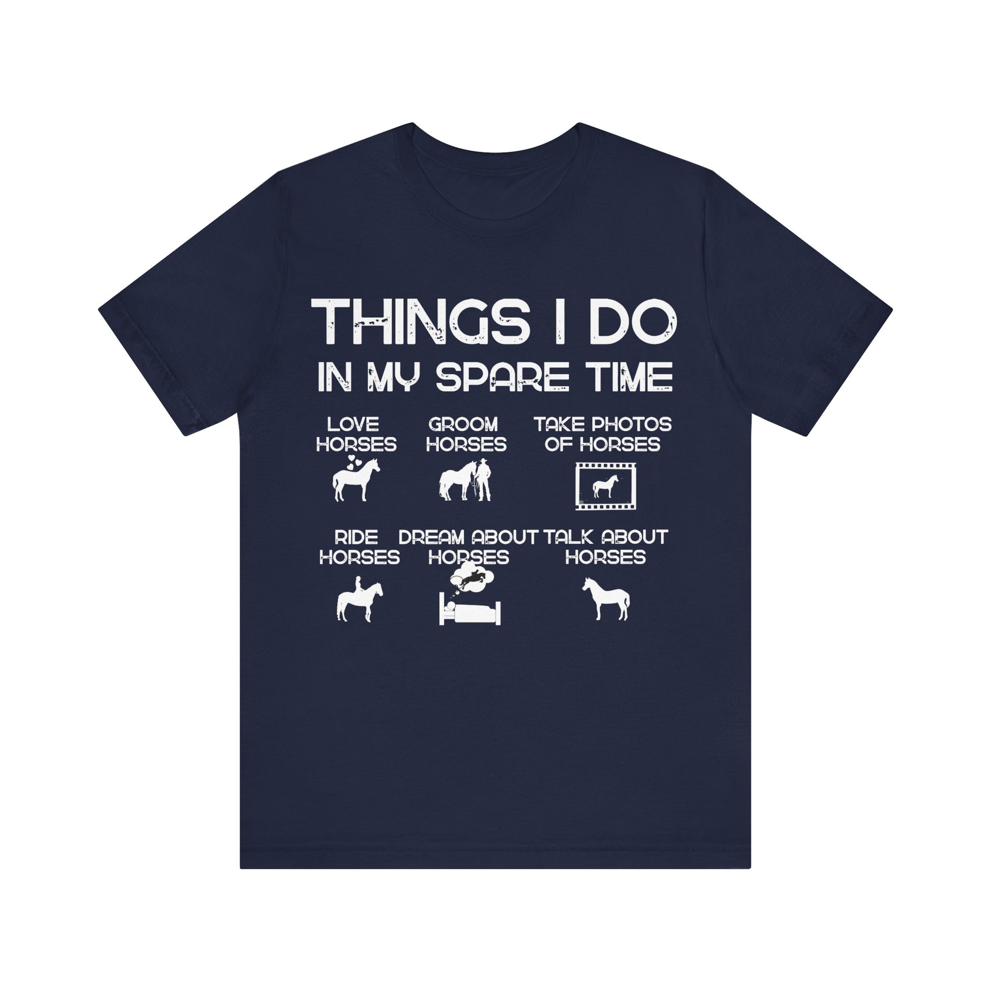Navy blue t-shirt with white text and horse-related graphics on a white background
