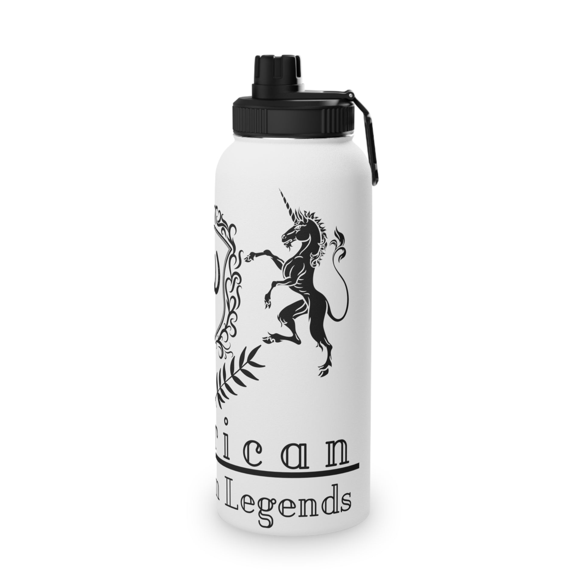 White water bottle with black unicorn design and text on a white background