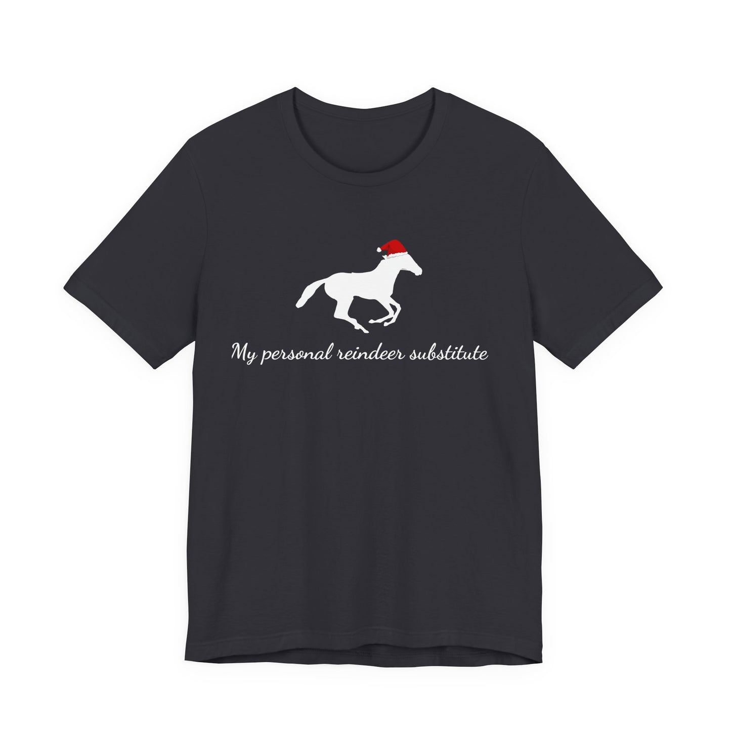 Black t-shirt with a horse wearing a Santa hat and text on a white background