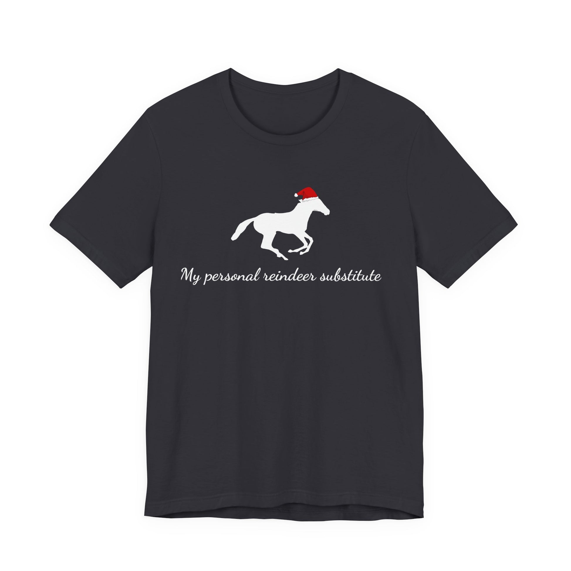 Black t-shirt with a horse wearing a Santa hat and text on a white background