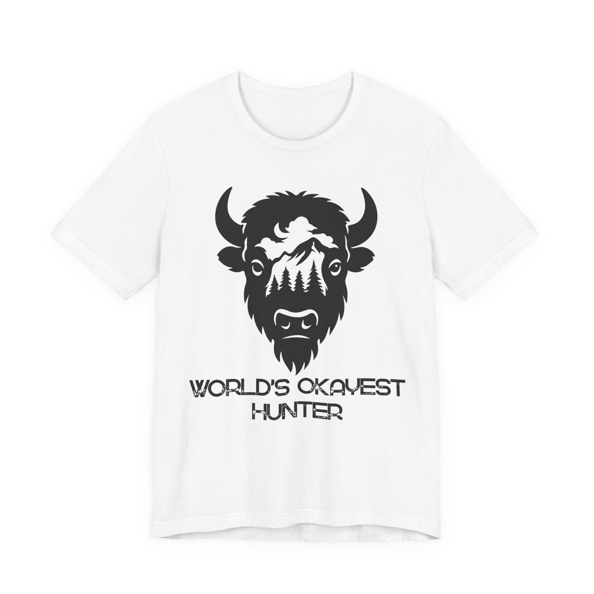 White t-shirt with a black bison graphic and text on a white background