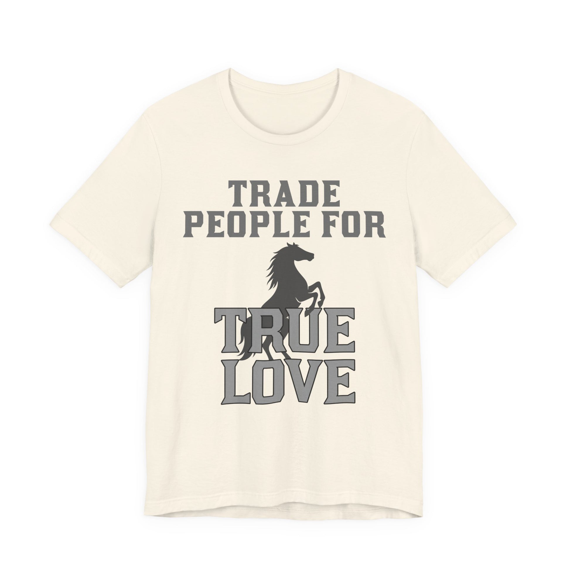 Beige t-shirt with graphic design and text on a white background