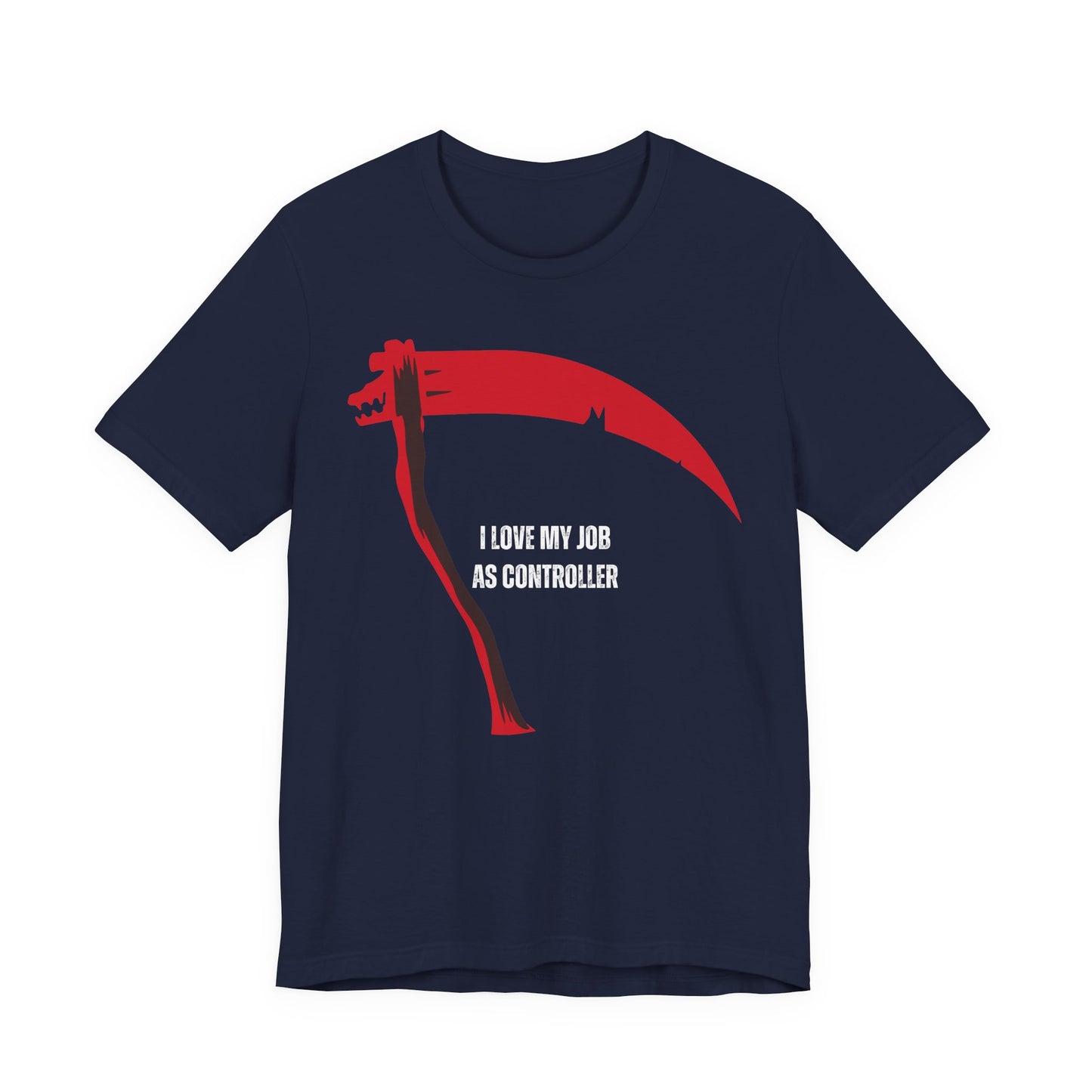 Navy blue t-shirt with red and white graphic and text on a white background