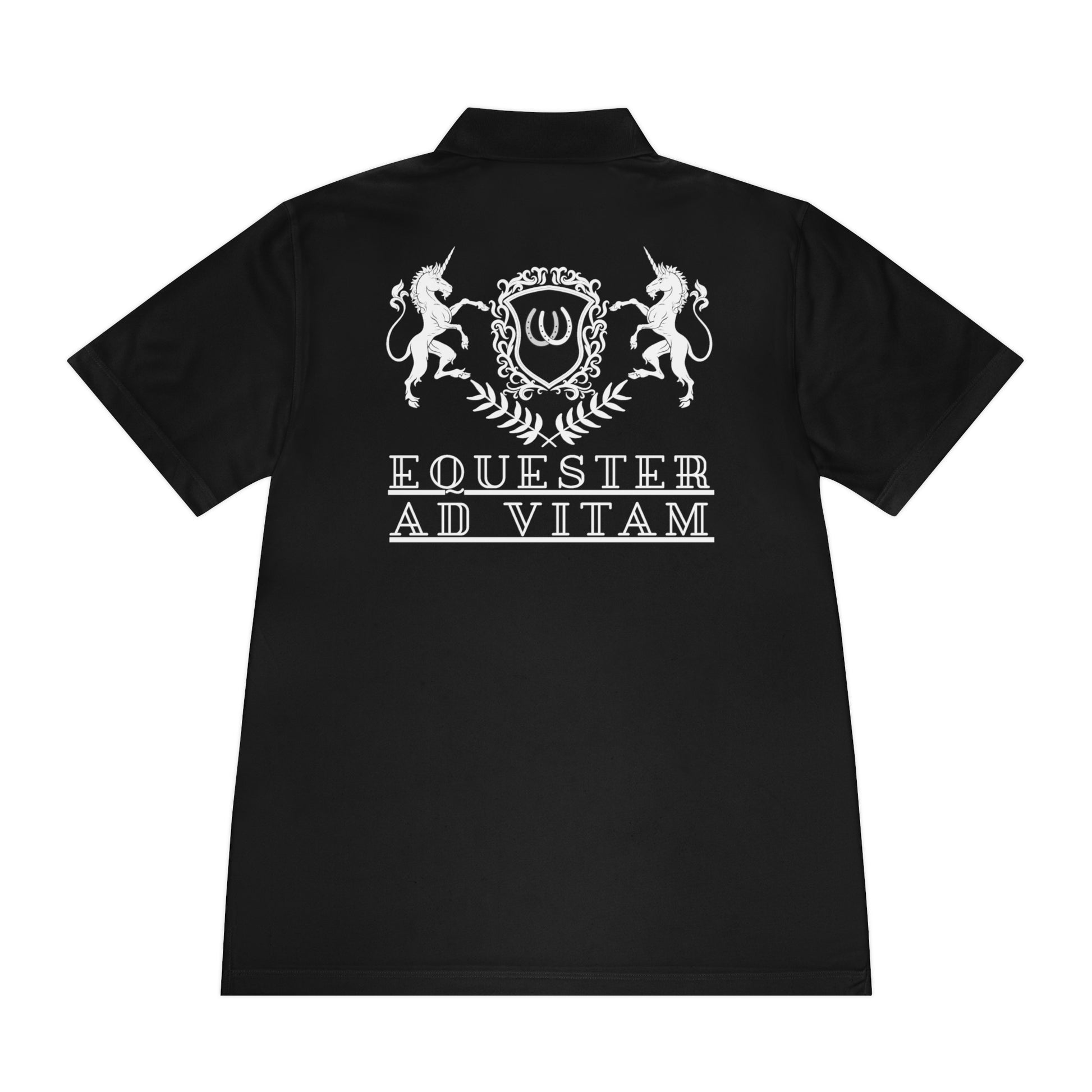 Black shirt with white emblem and text on a white background