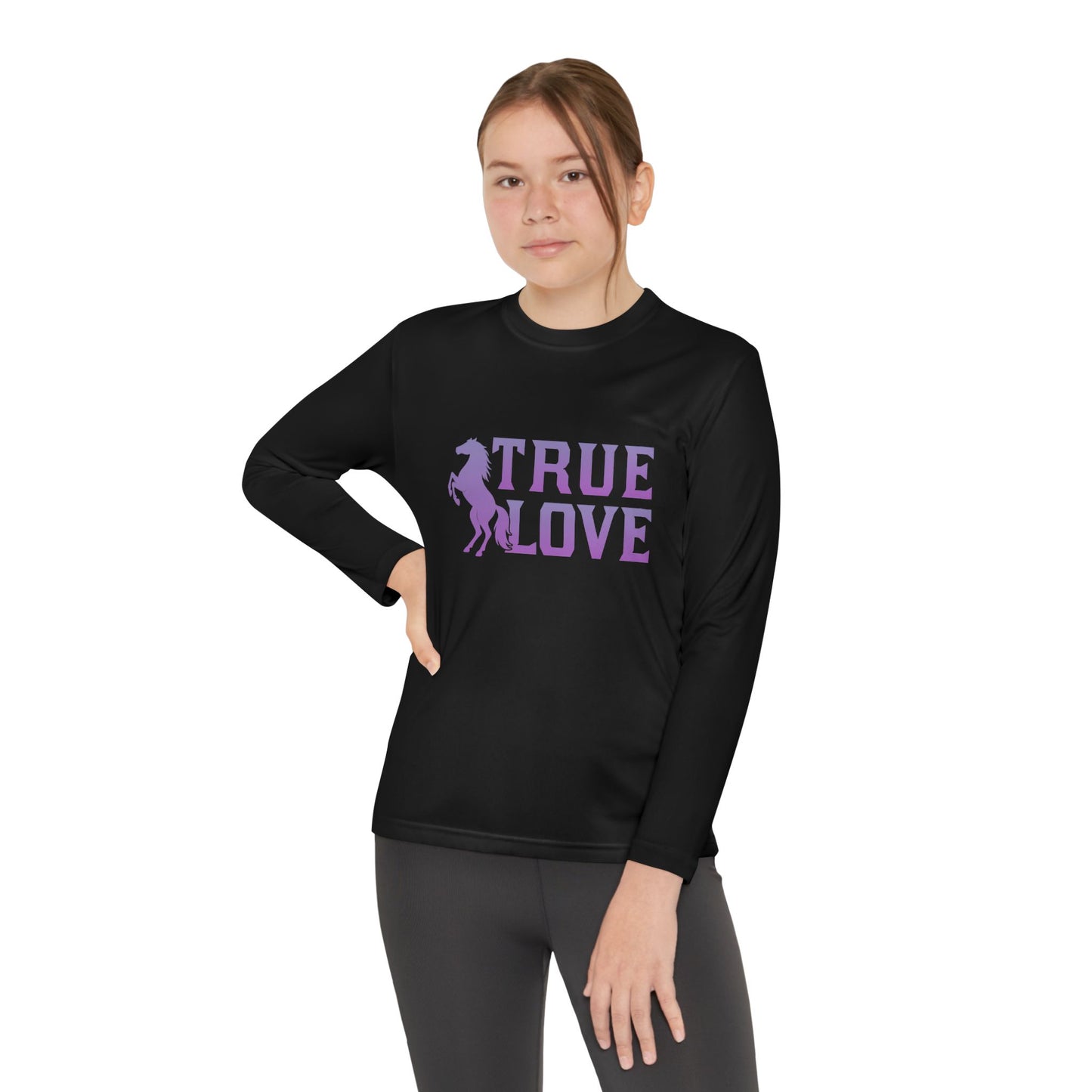 Person wearing a black long-sleeve shirt with 'TRUE LOVE' text and graphic on a white background
