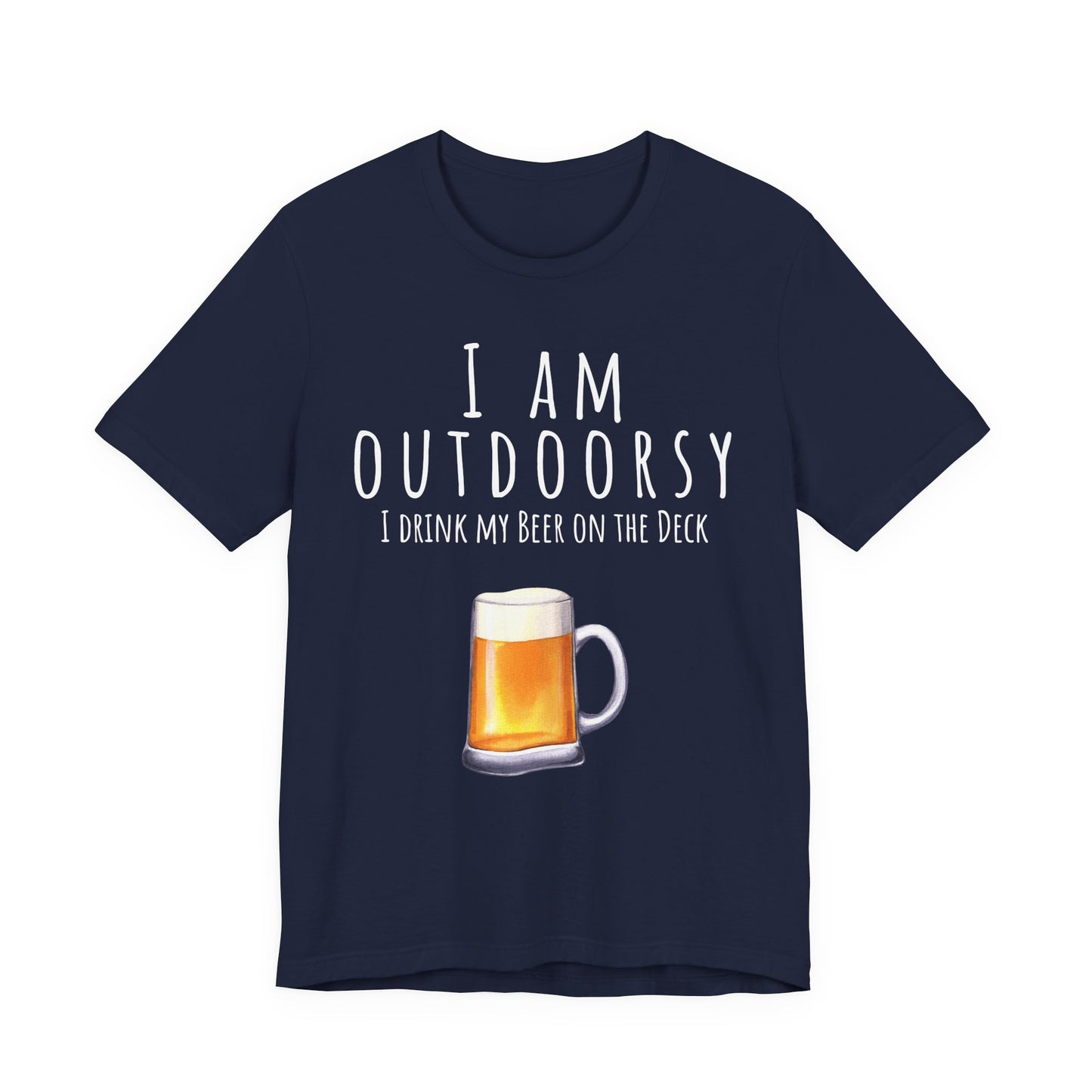 Navy blue t-shirt with a graphic of a beer mug and text on a white background