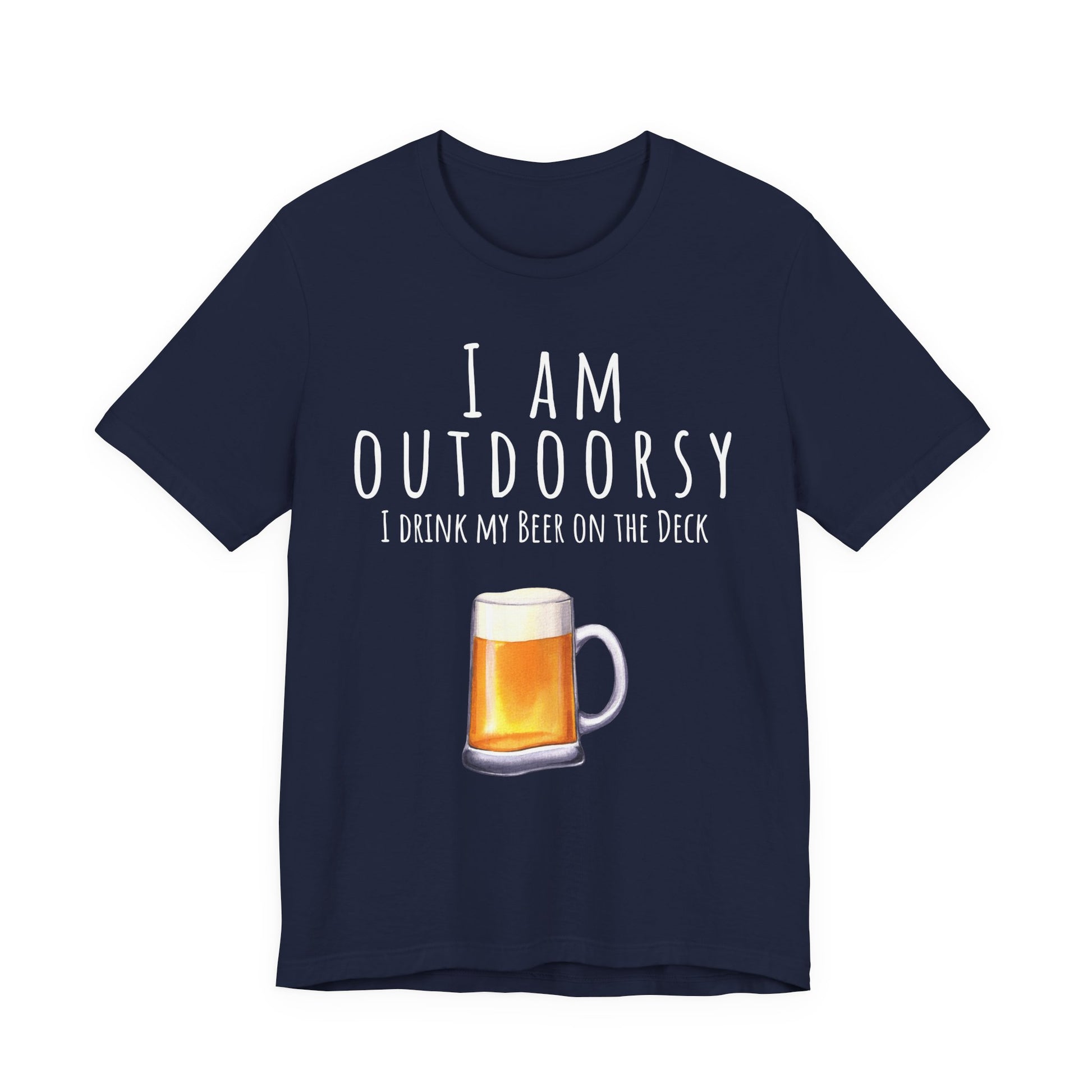 Navy blue t-shirt with a graphic of a beer mug and text on a white background