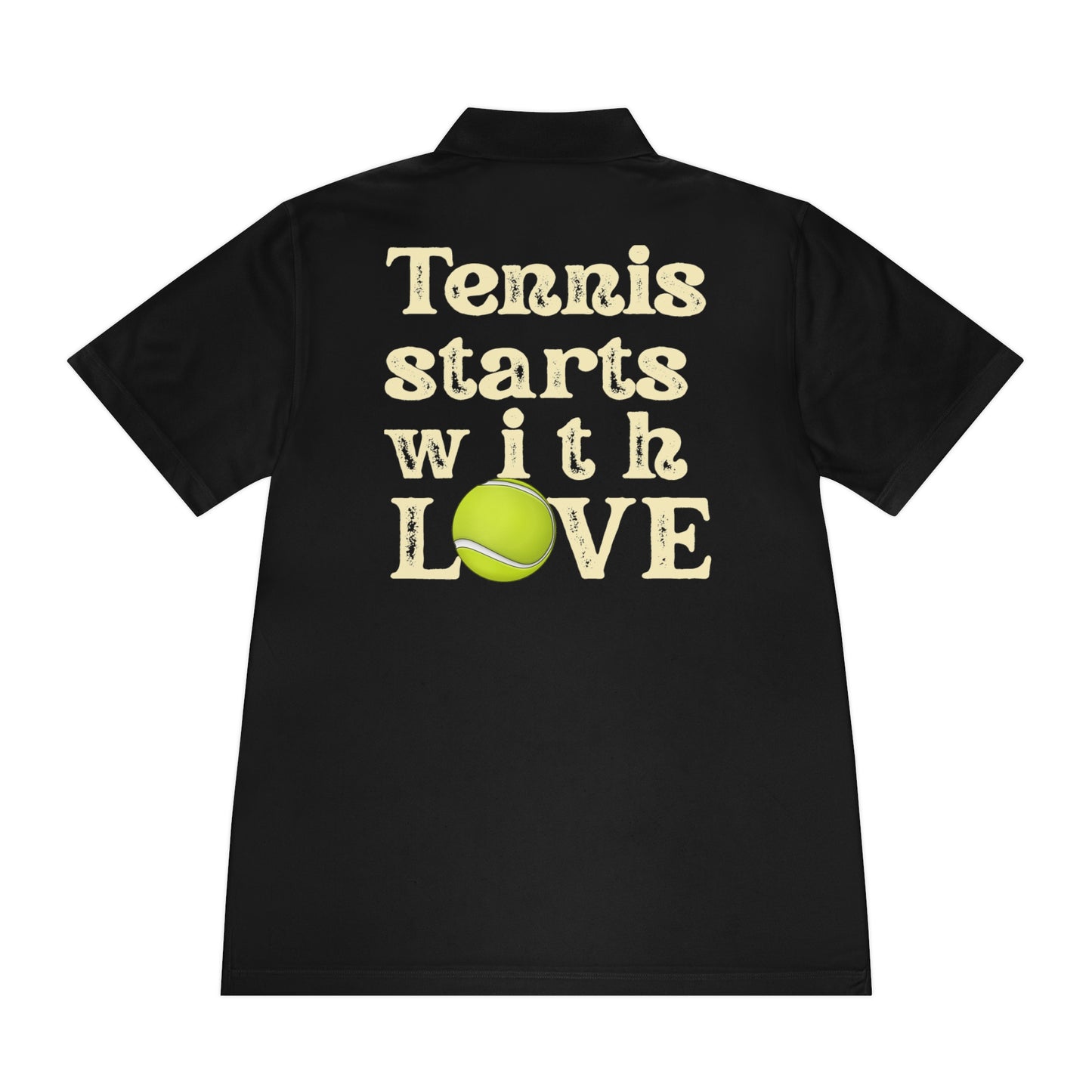 Tennis Polo Women Black shirt with 'Tennis starts with LOVE' text and tennis ball graphic on a white background