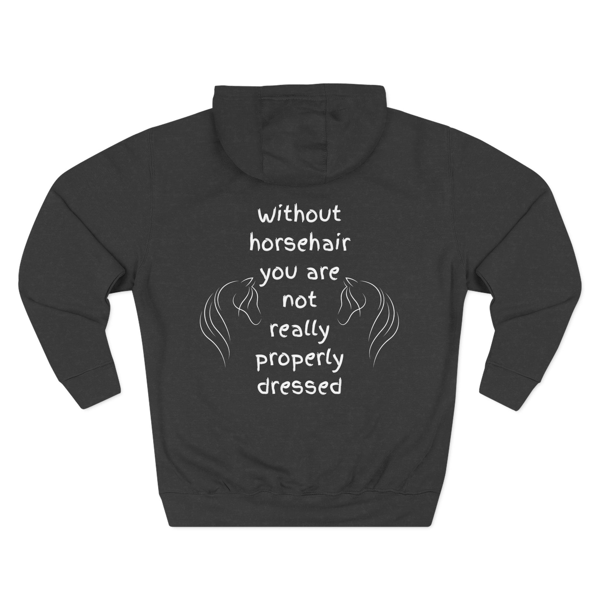 Black hoodie with text and horse illustrations on a white background