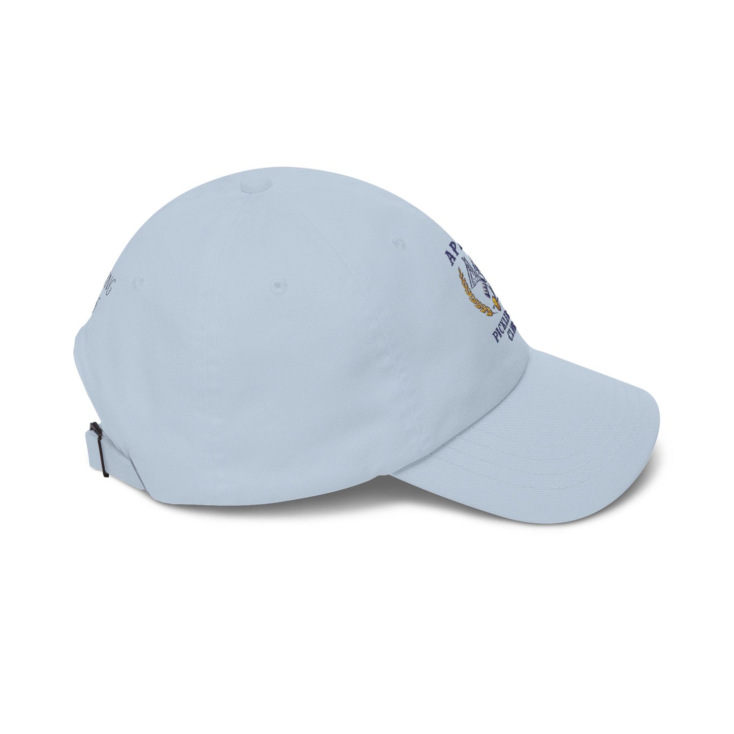 Light blue baseball cap with a small logo on a white background