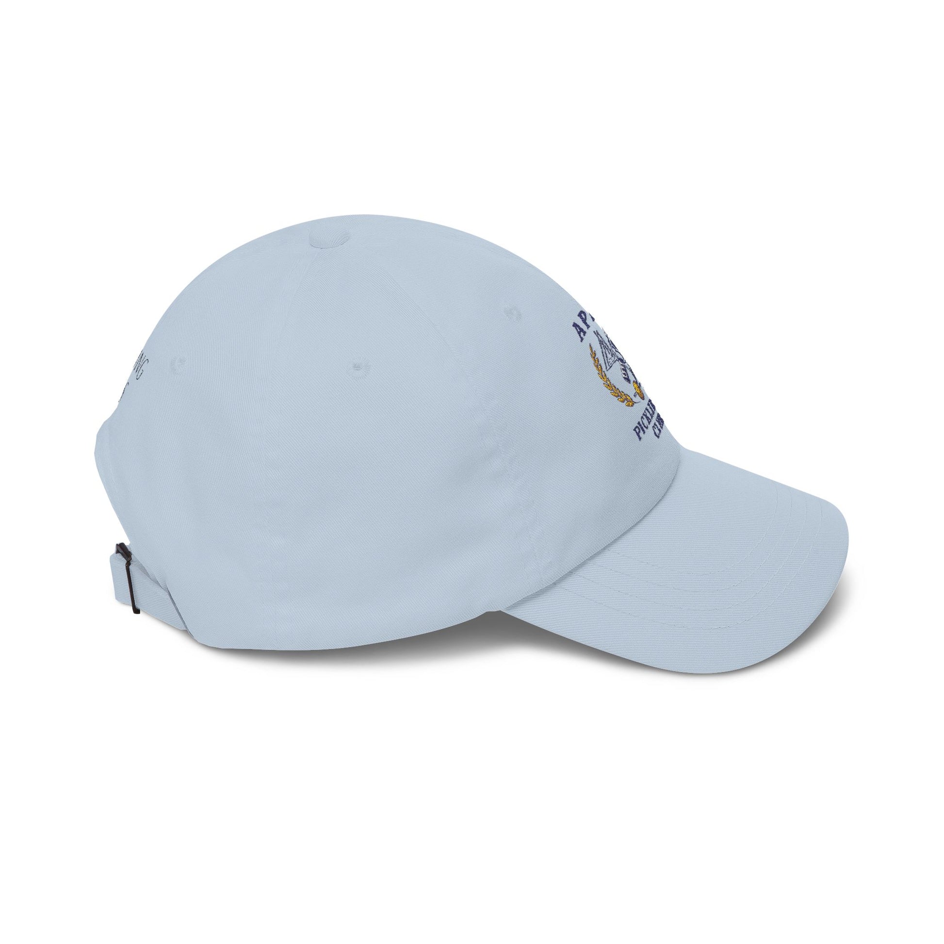 Light blue baseball cap with a small logo on a white background