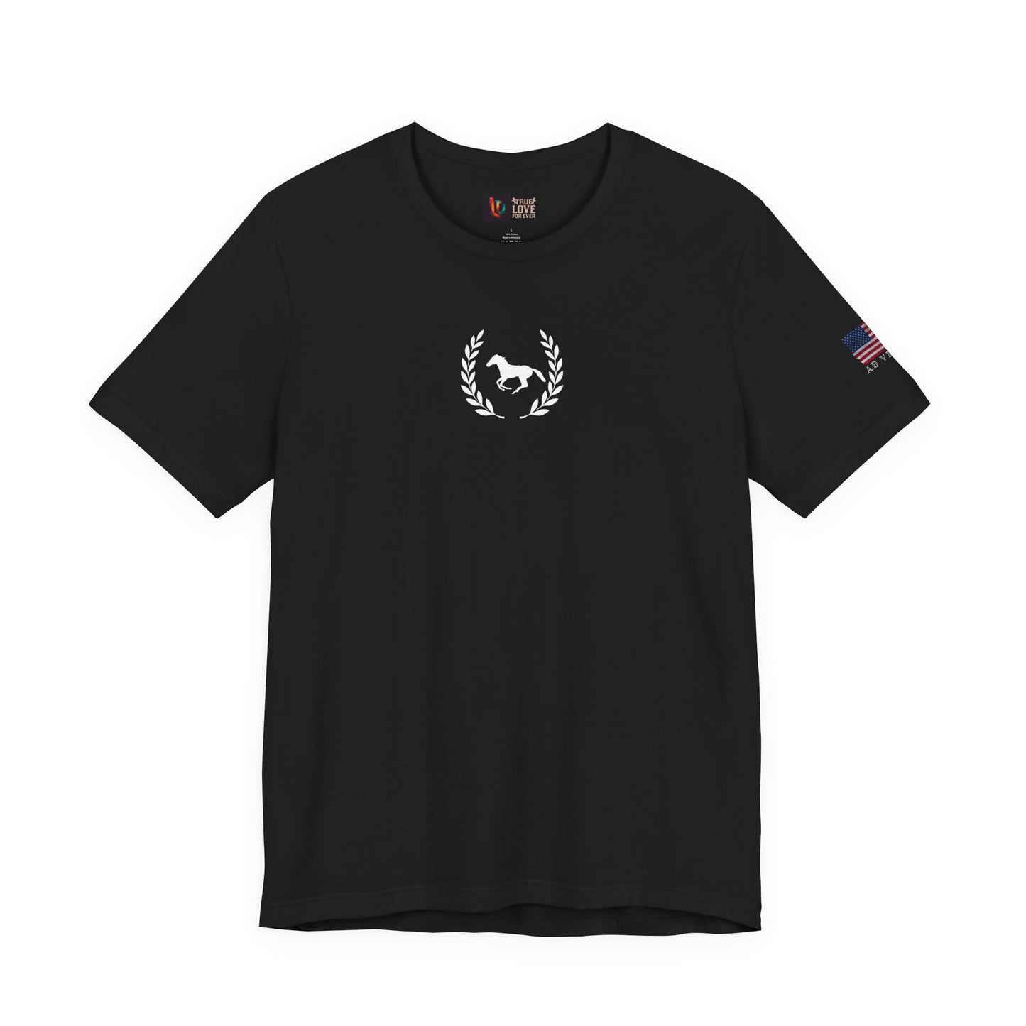 Black t-shirt with a white logo on a white background