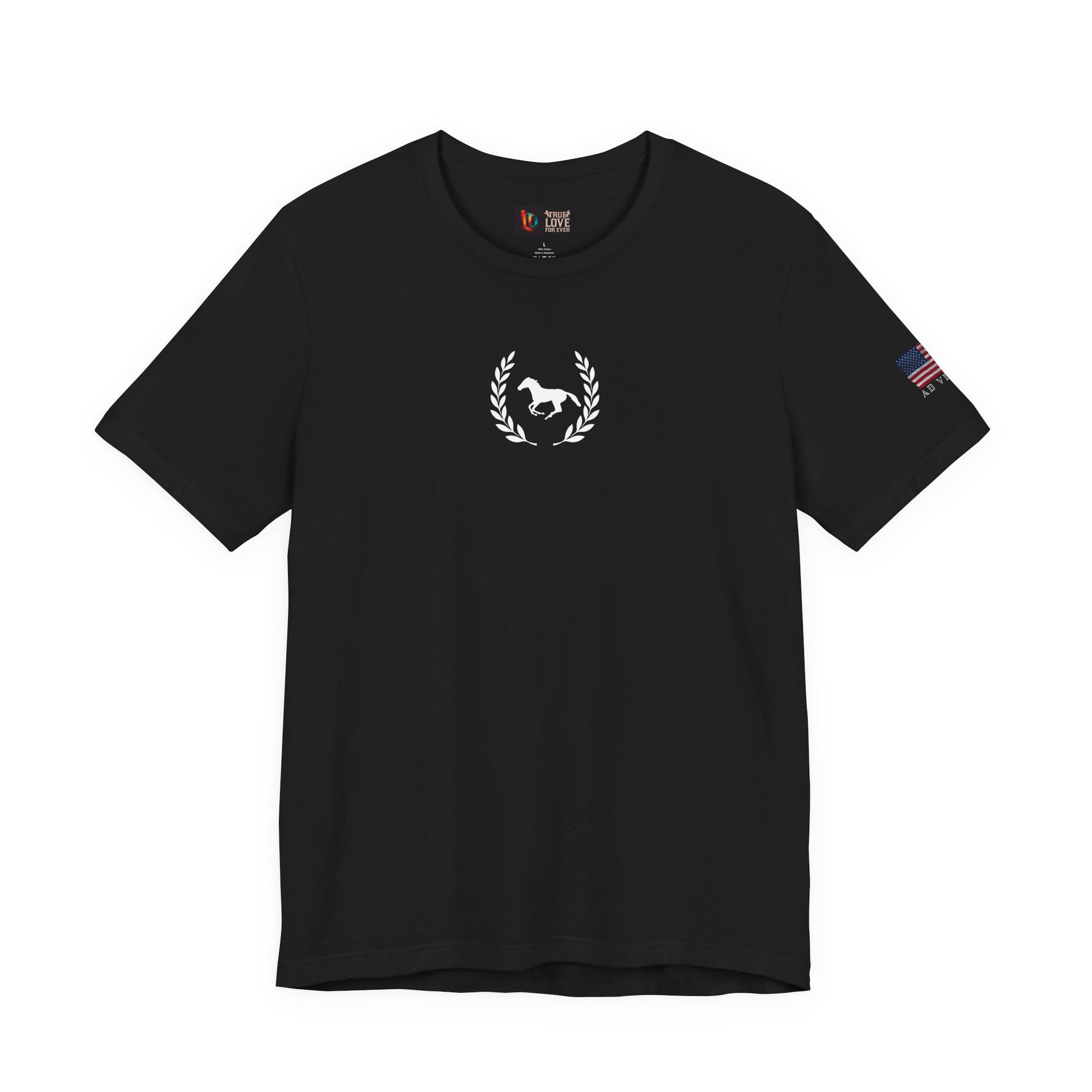 Black t-shirt with a white logo on a white background