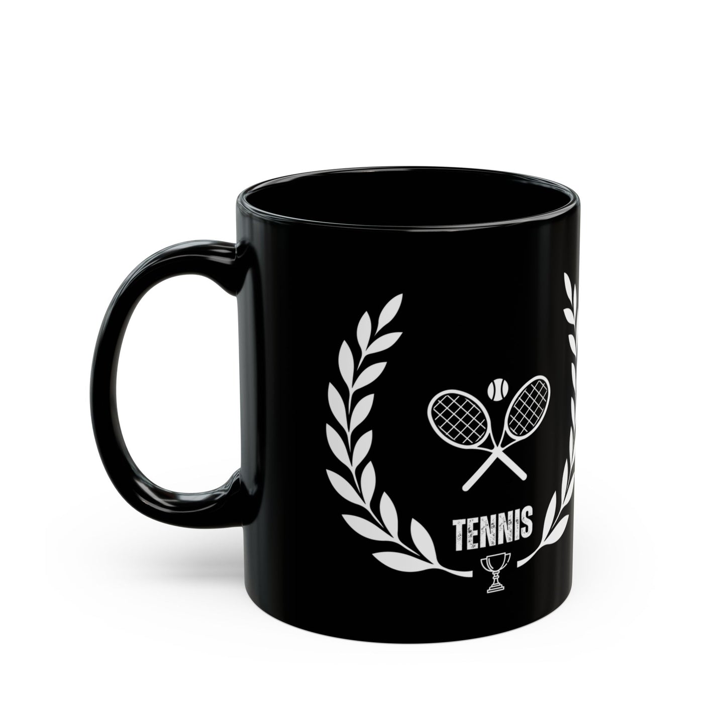 Tennis Mug Black mug with tennis-themed design featuring a racket, ball, and laurel wreath on a white background