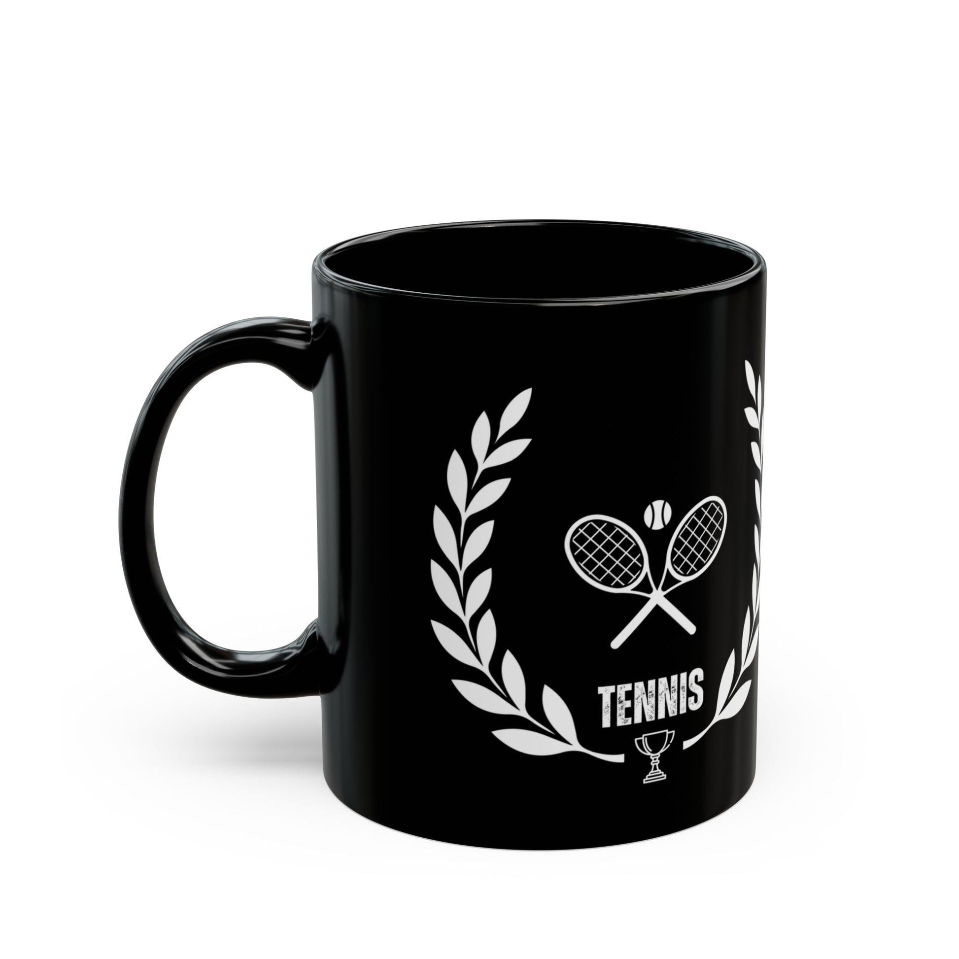 Tennis Mug Black mug with tennis-themed design featuring a racket, ball, and laurel wreath on a white background