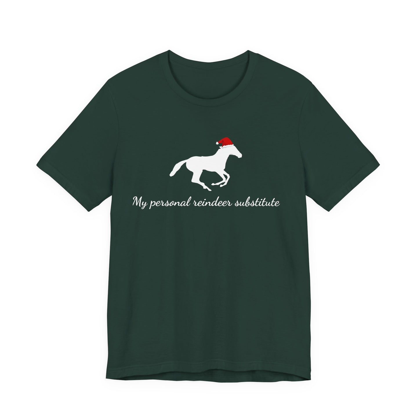 Dark green t-shirt with a horse wearing a Santa hat and text on a white background