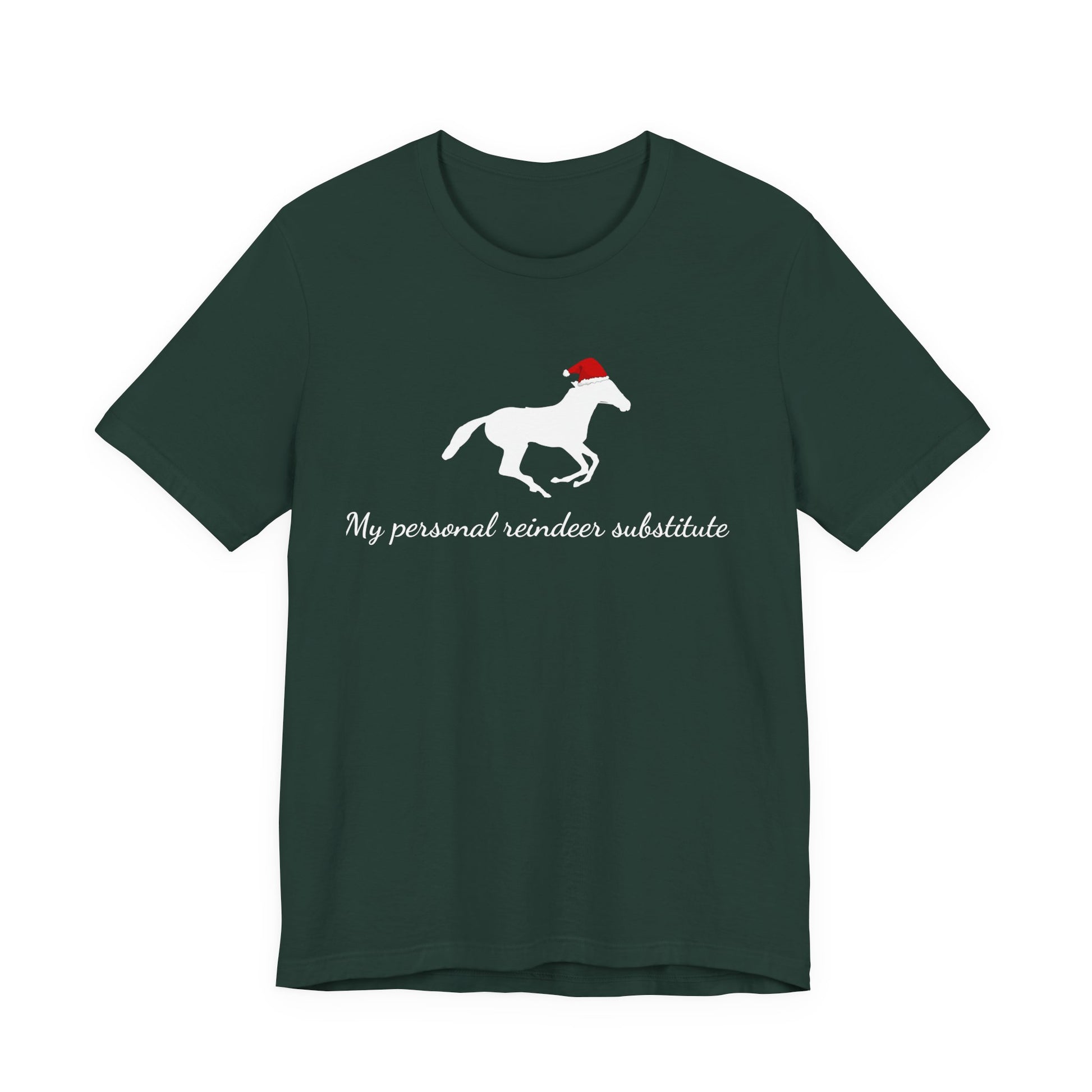Dark green t-shirt with a horse wearing a Santa hat and text on a white background