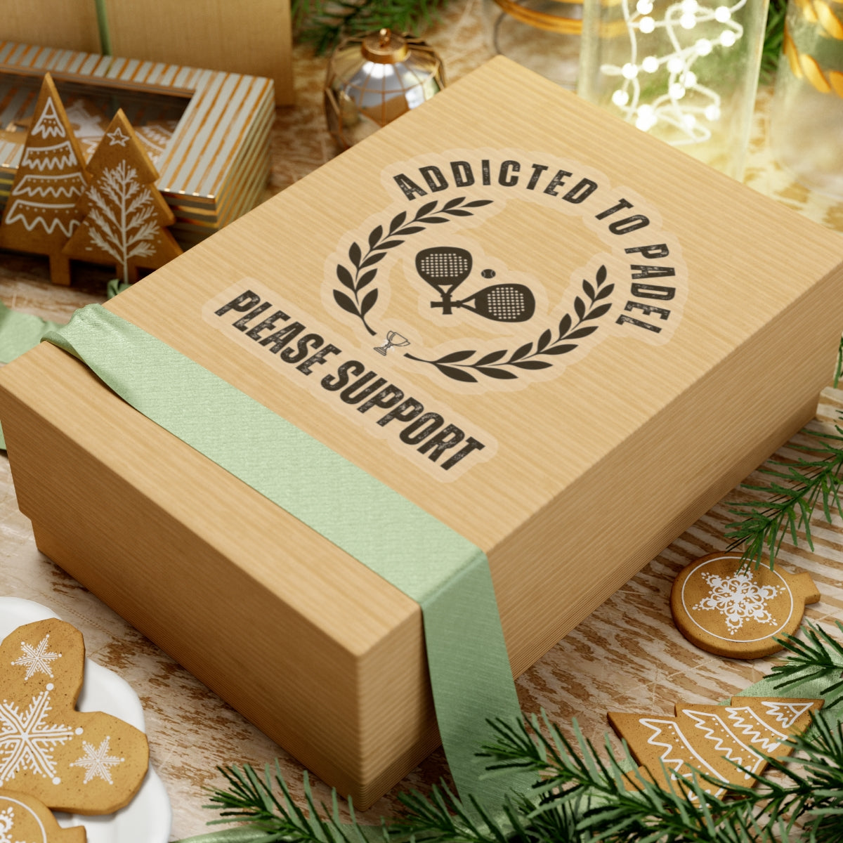 Wooden gift box with 'Addicted to Padel Please Support' text on a festive background with cookies and lights.