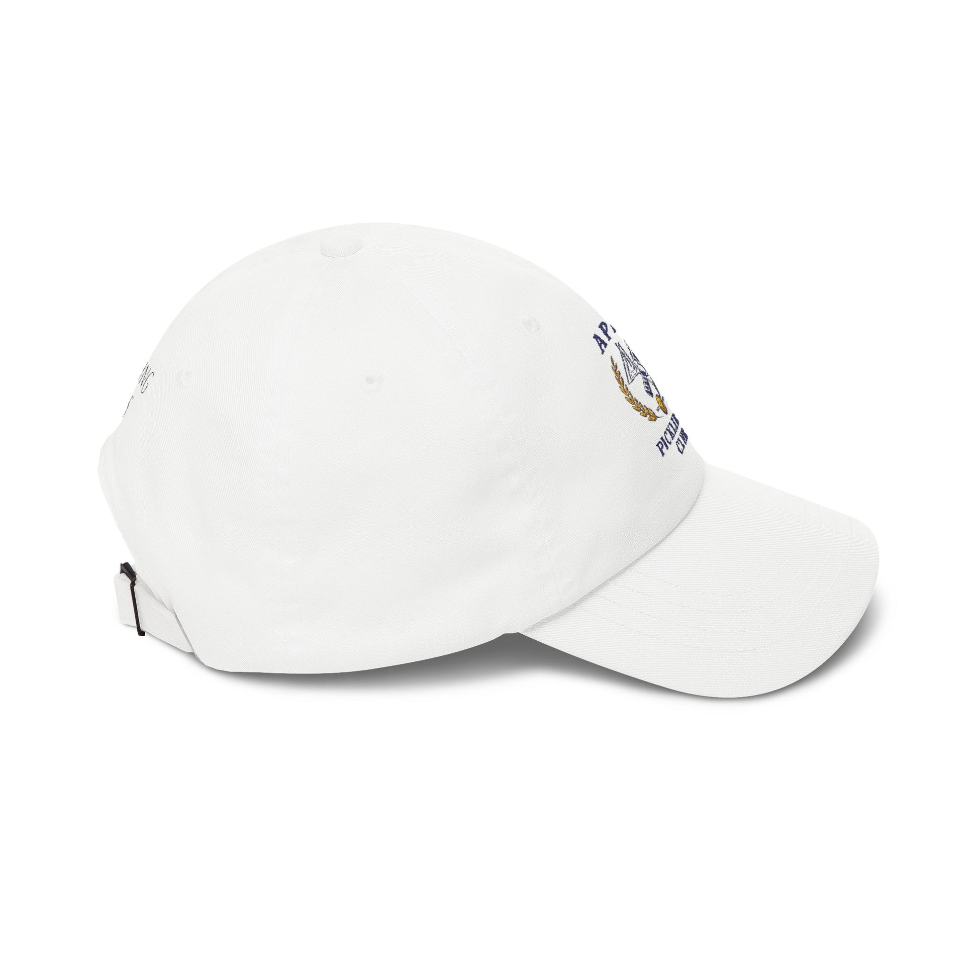 White baseball cap with a small logo on a white background