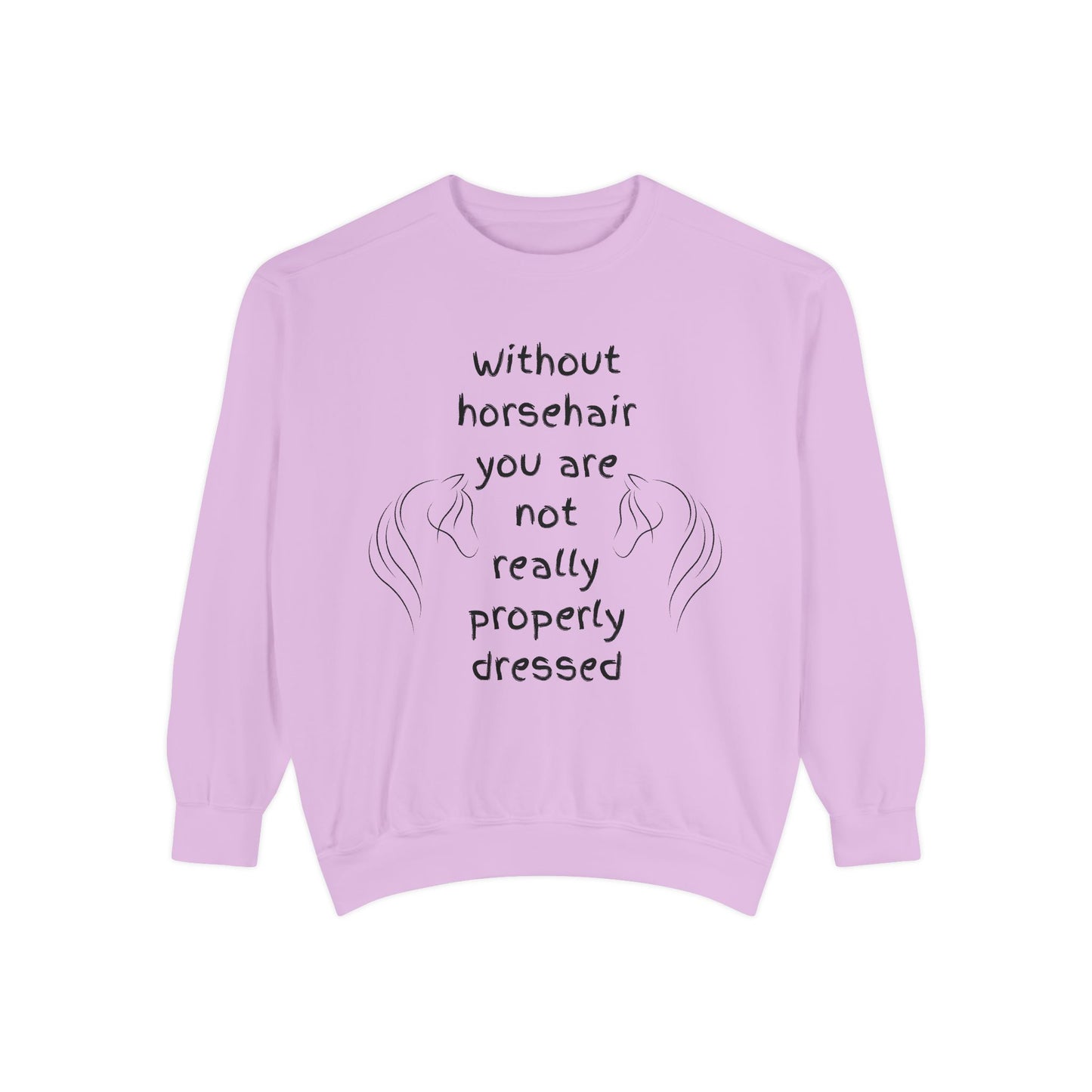 Light purple sweatshirt with text and horse illustrations on a white background