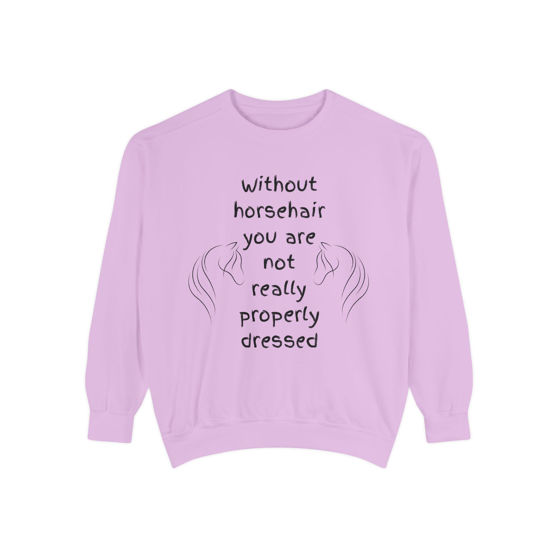 Light purple sweatshirt with text and horse illustrations on a white background