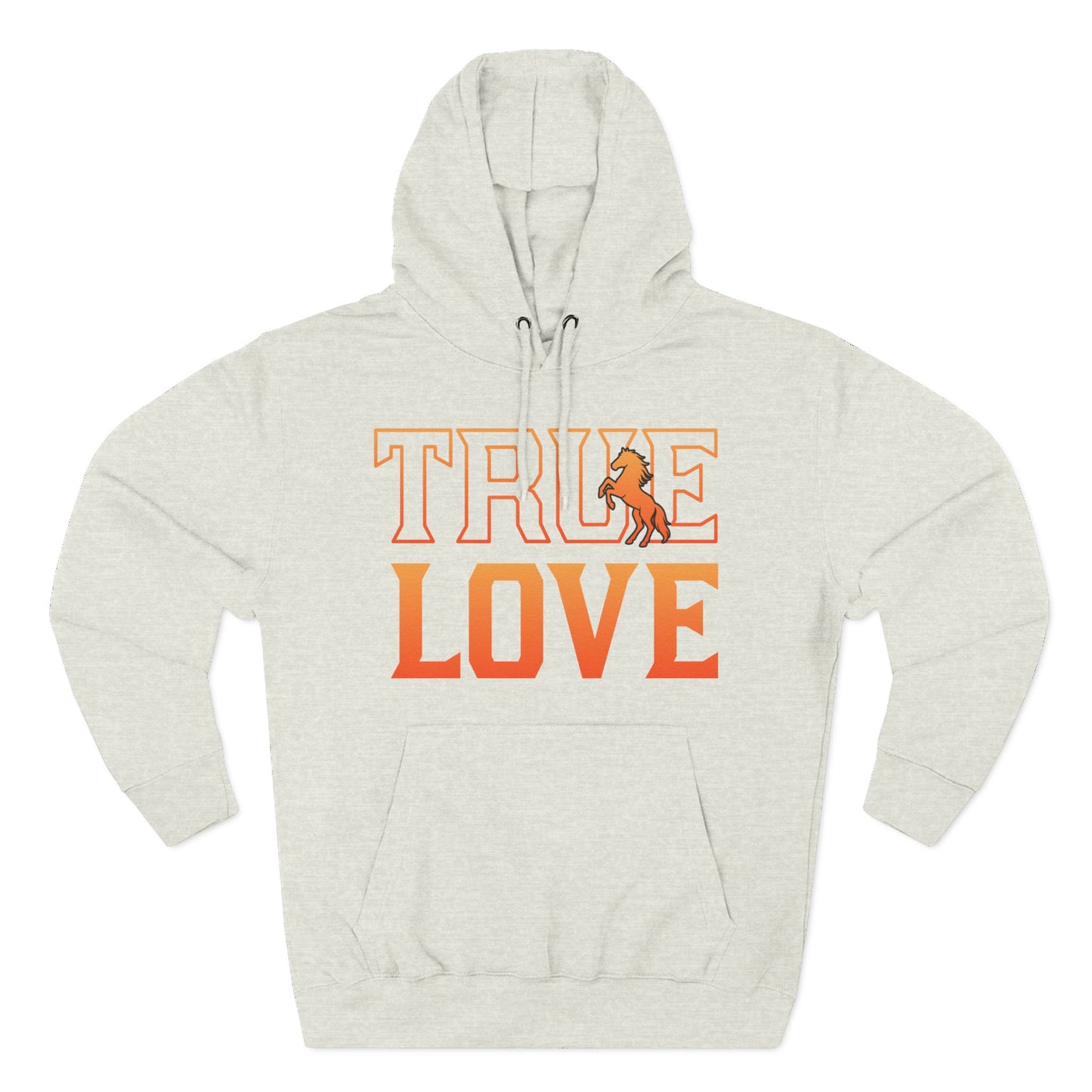 Beige hoodie with 'TRUE LOVE' text in orange on a white background