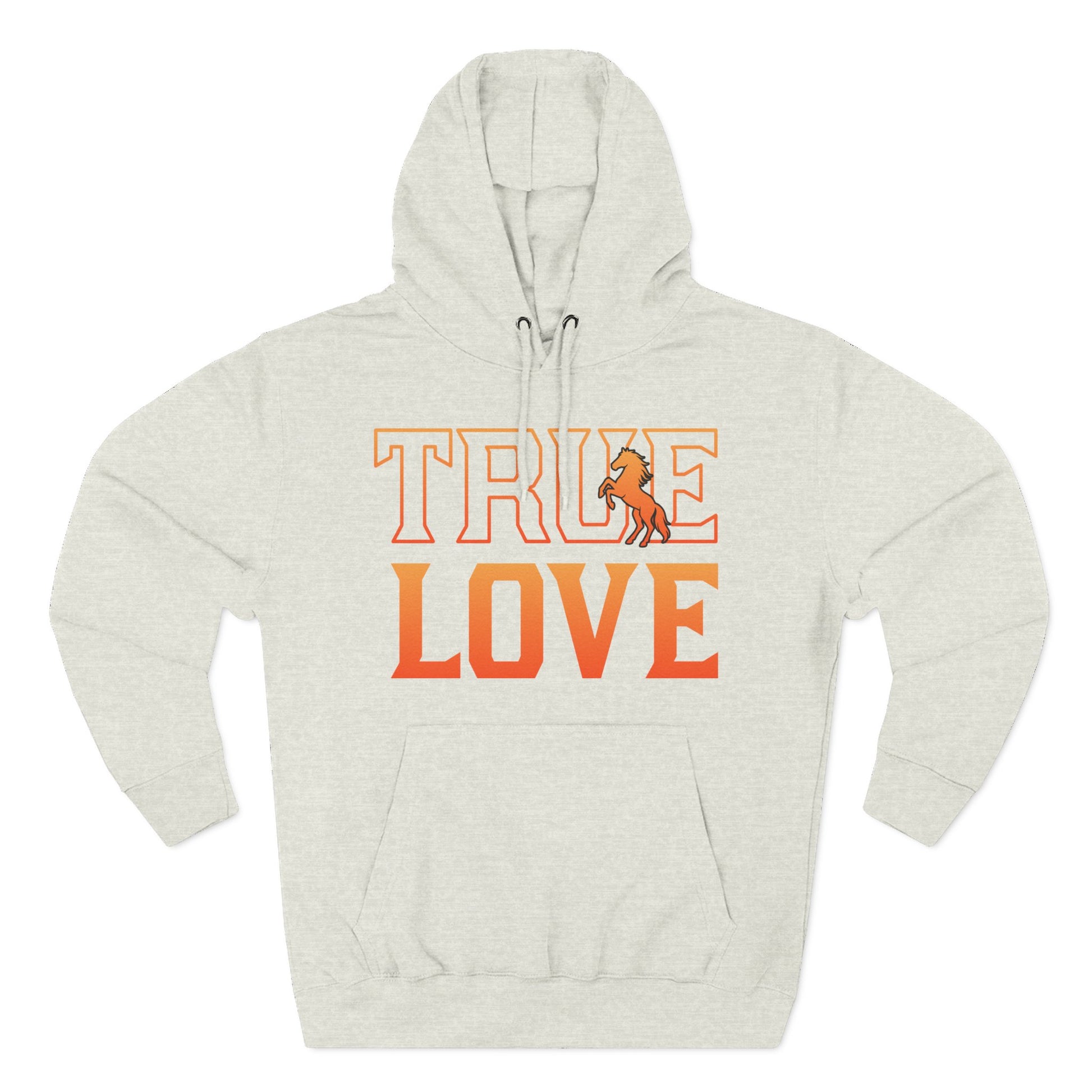 Beige hoodie with 'TRUE LOVE' text in orange on a white background
