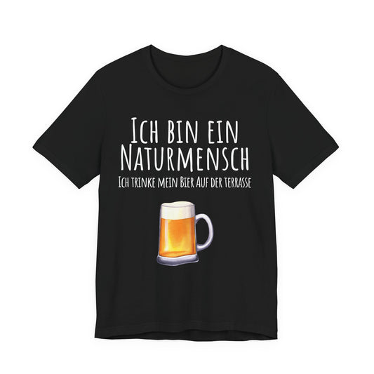 Black t-shirt with a beer mug graphic and German text on a white background