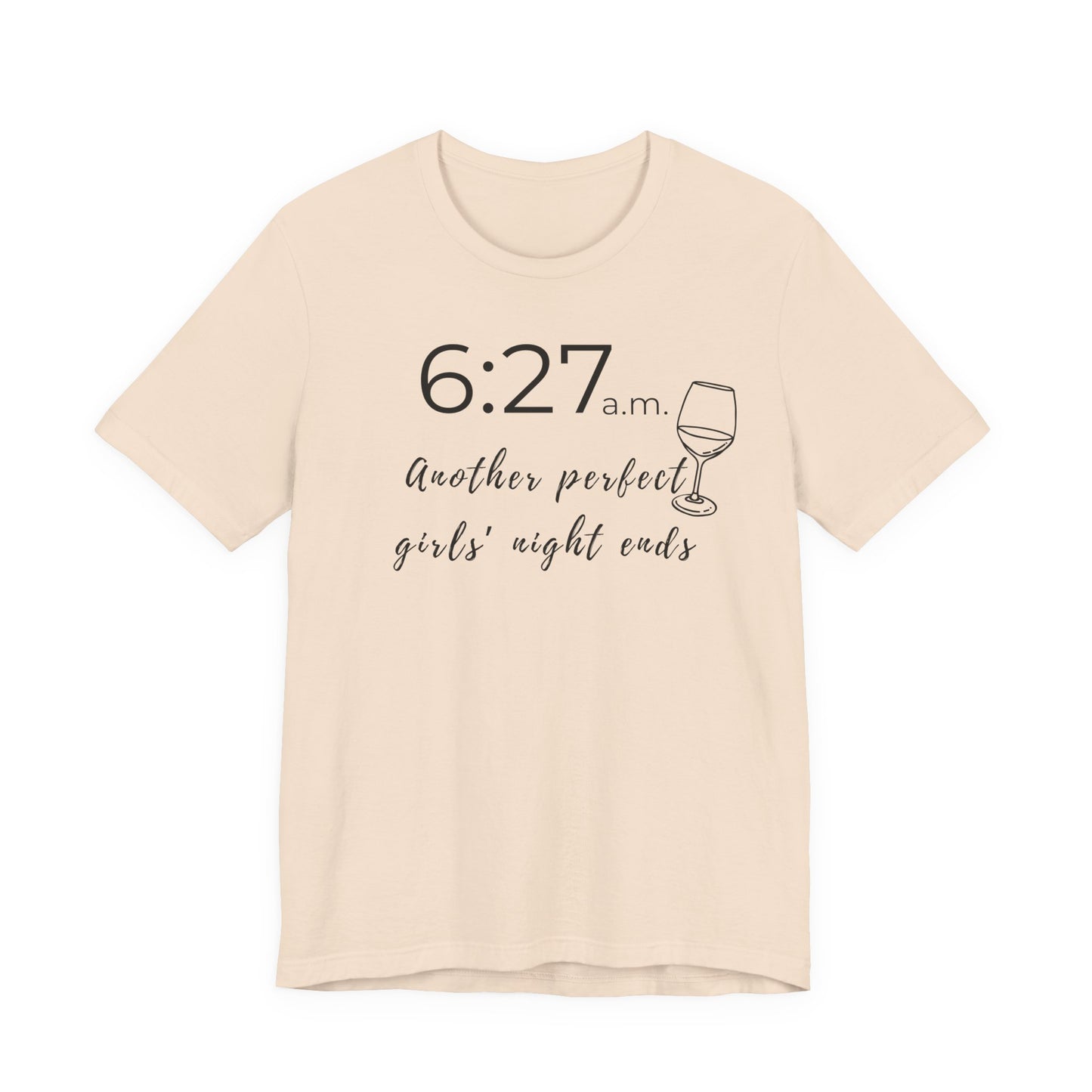 Beige t-shirt with text and wine glass graphic on a white background