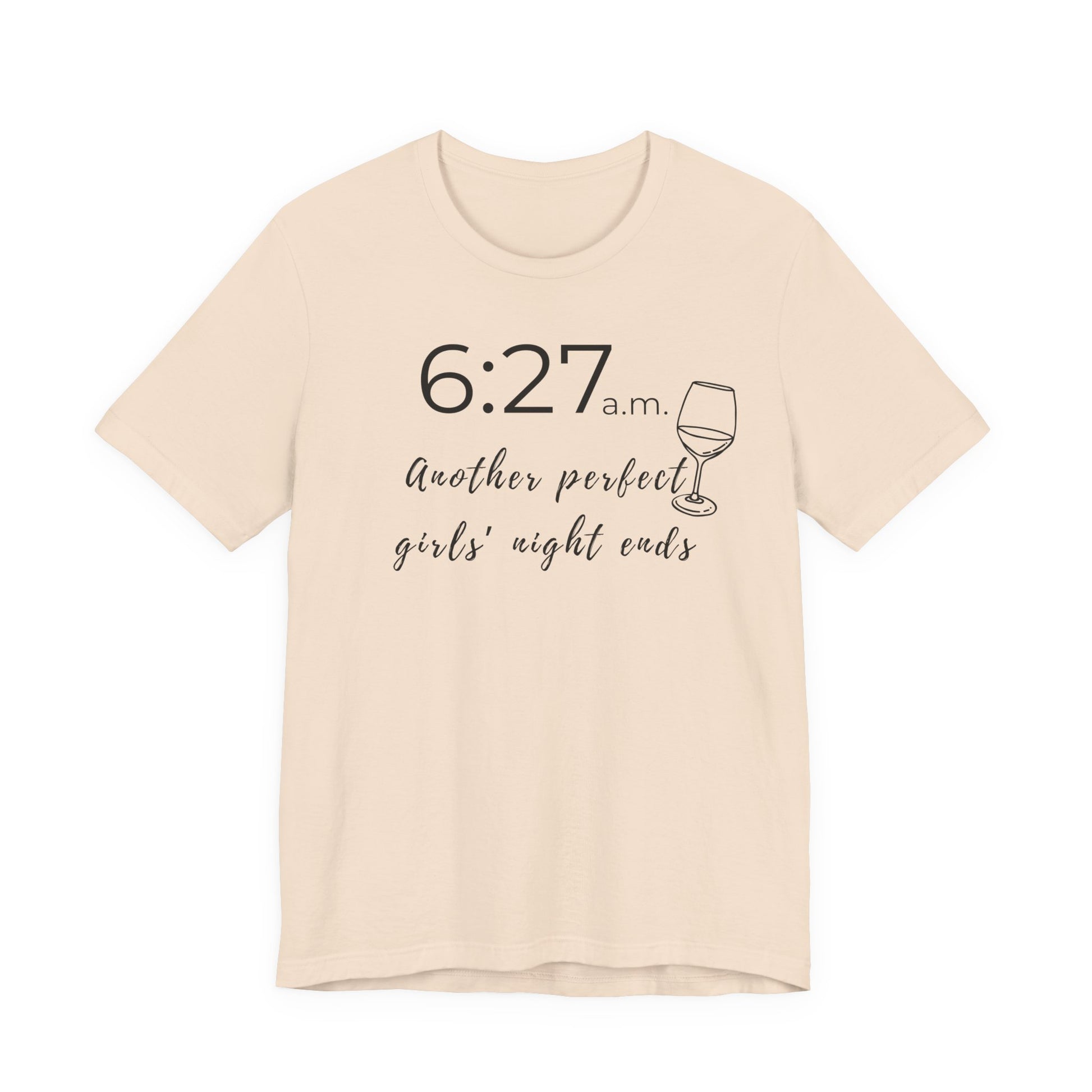 Beige t-shirt with text and wine glass graphic on a white background