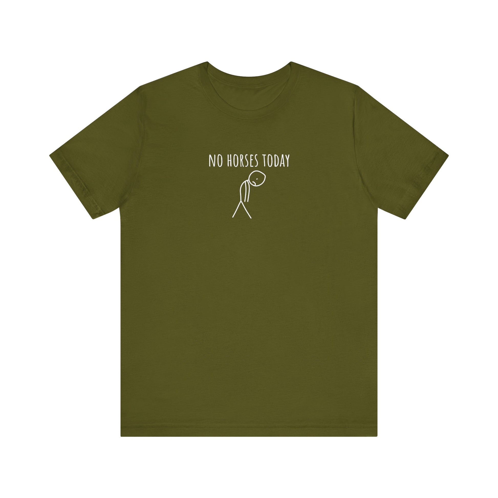 Green t-shirt with 'No Horses Today' text and graphic on a white background