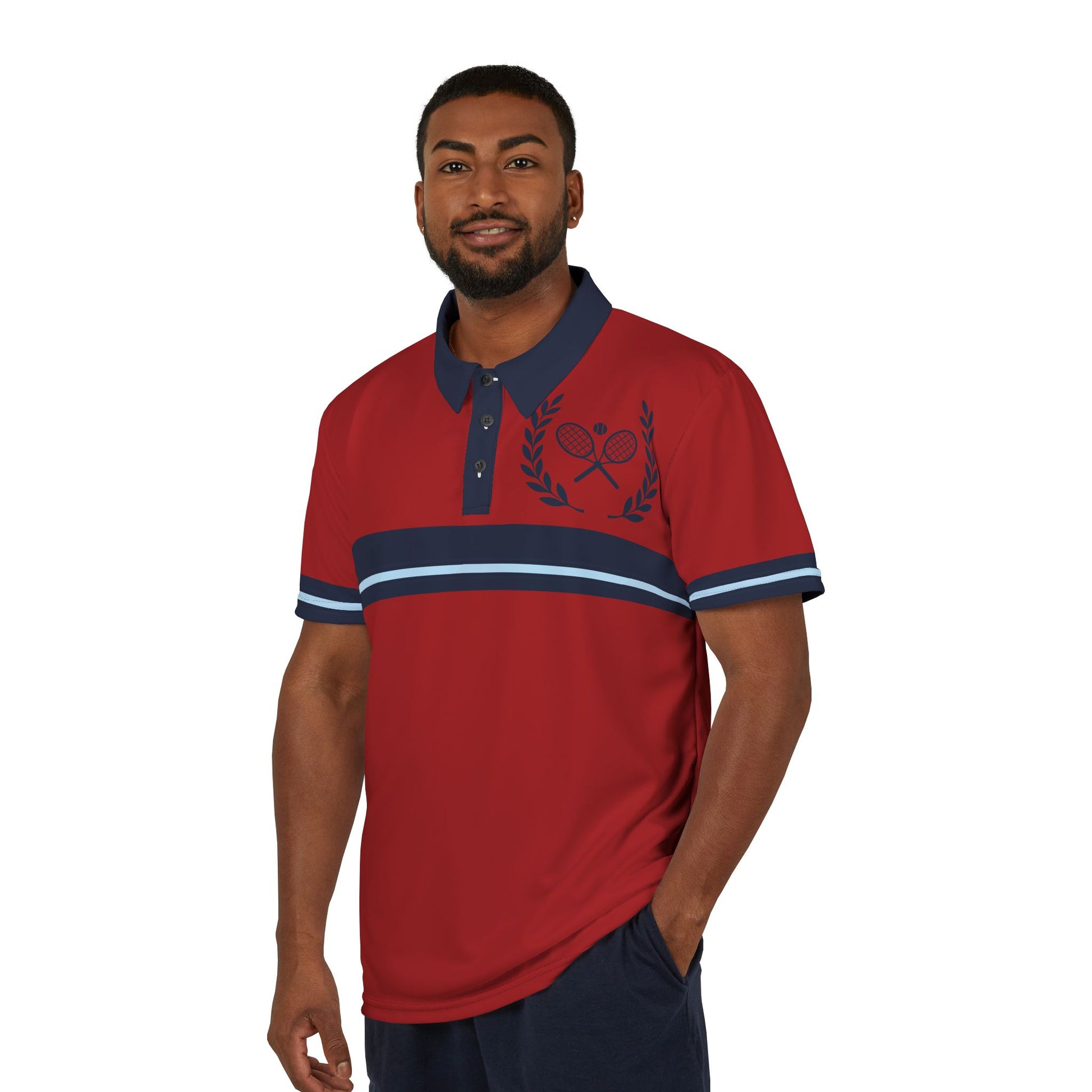 Red Tennis Polo Shirt Man wearing a red polo shirt with a blue collar and white stripes on a white background