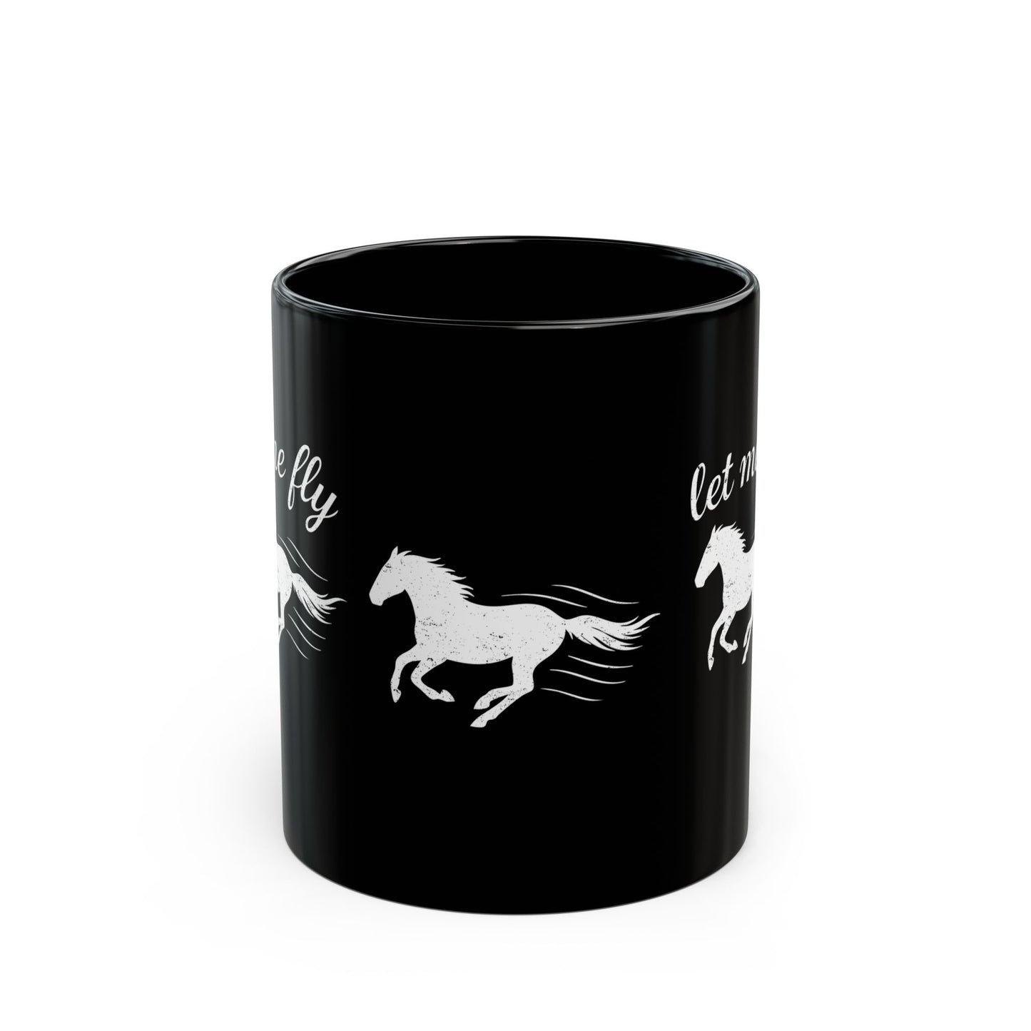 Black mug with white horse designs and text on a white background