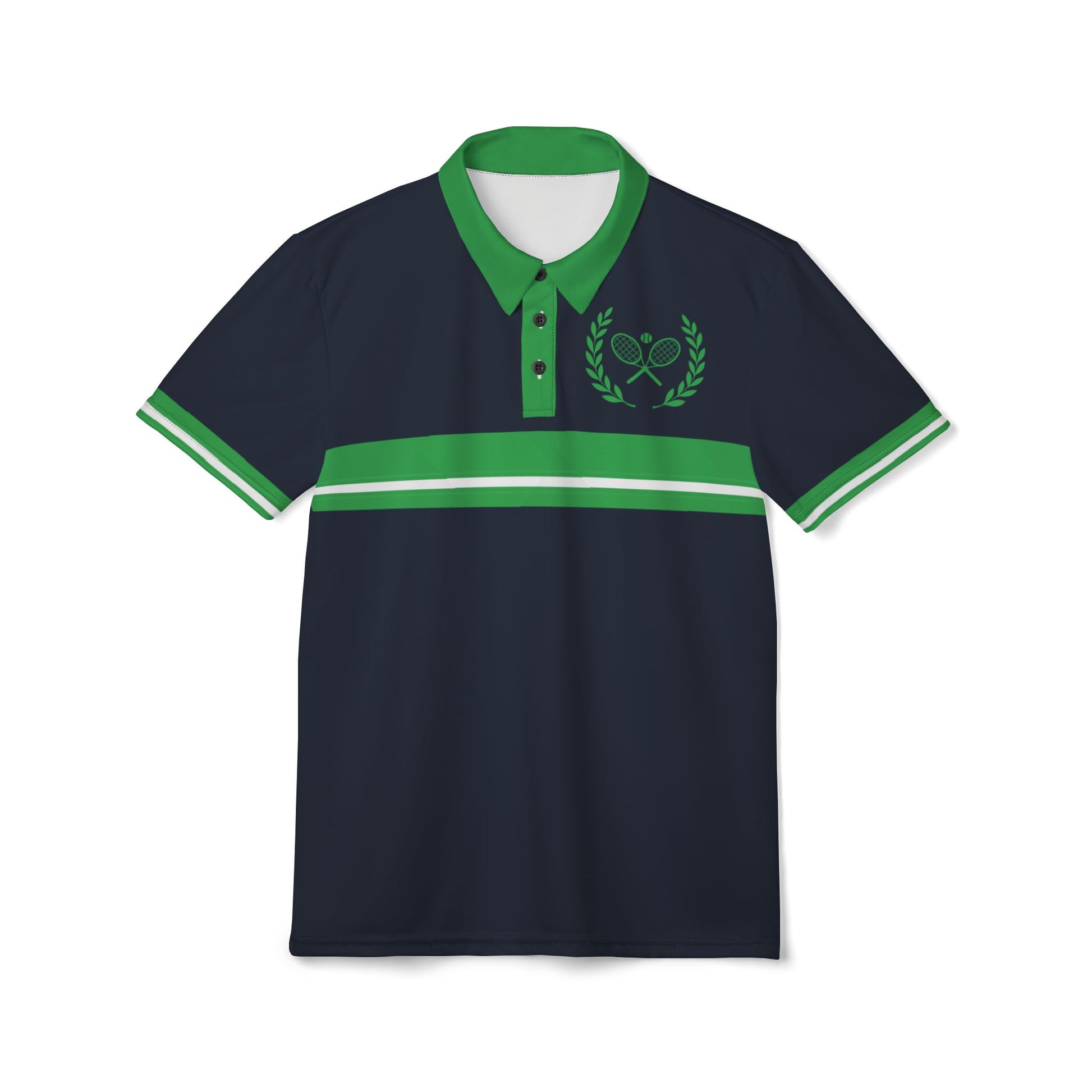 Performance Polo Shirt Navy blue polo shirt with green accents on a white background