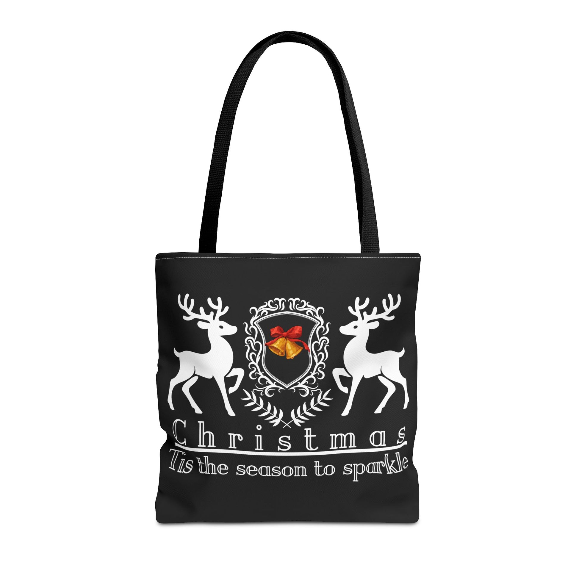 Black tote bag with Christmas design featuring deer and a bell on a white background