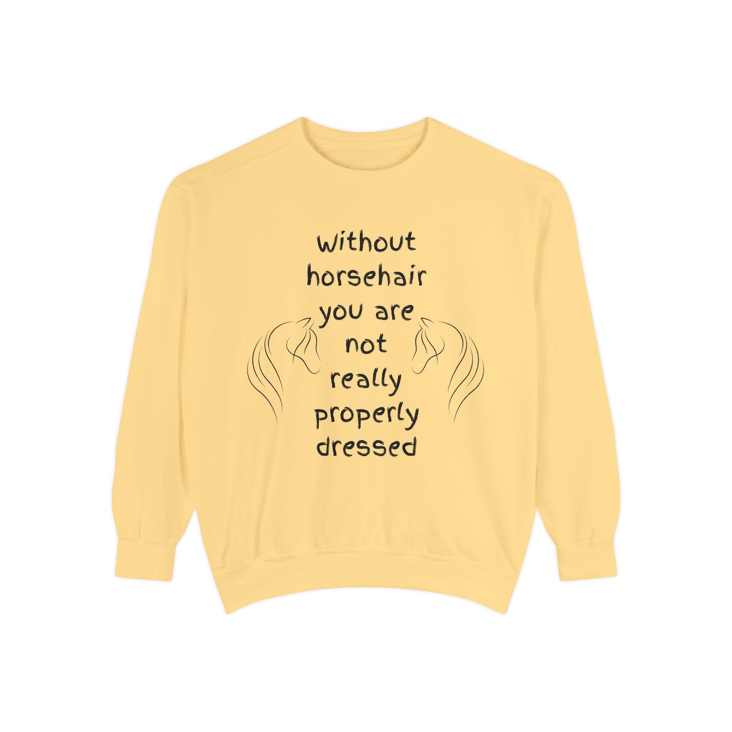 Yellow sweatshirt with text and horse illustrations on a white background