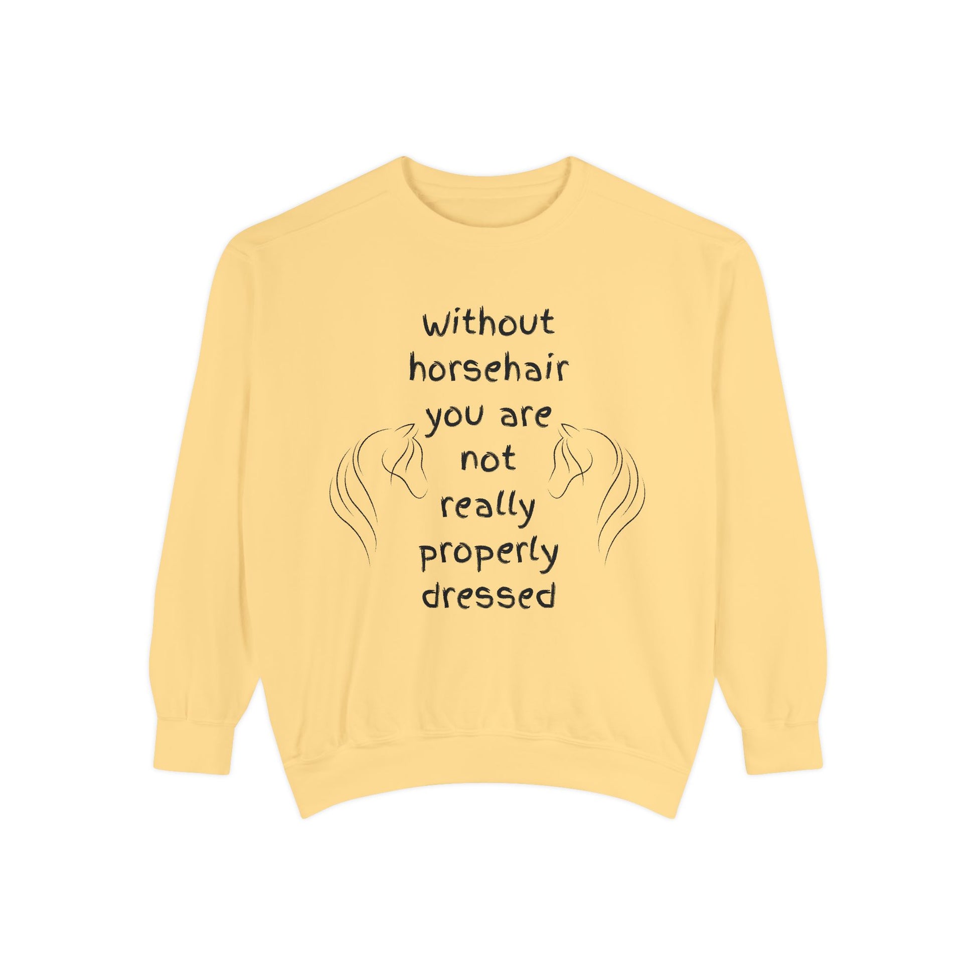 Yellow sweatshirt with text and horse illustrations on a white background