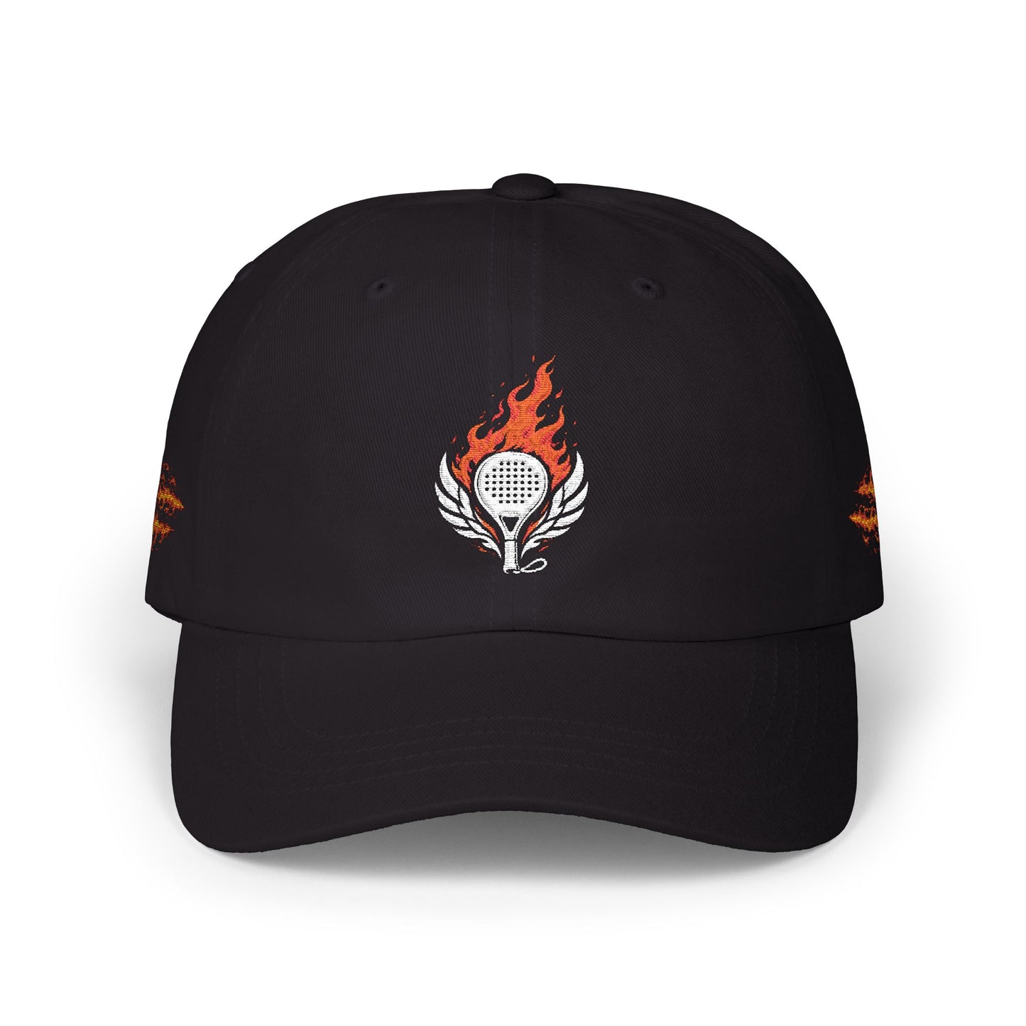 performance padel hat Black cap with a fiery logo on a white background