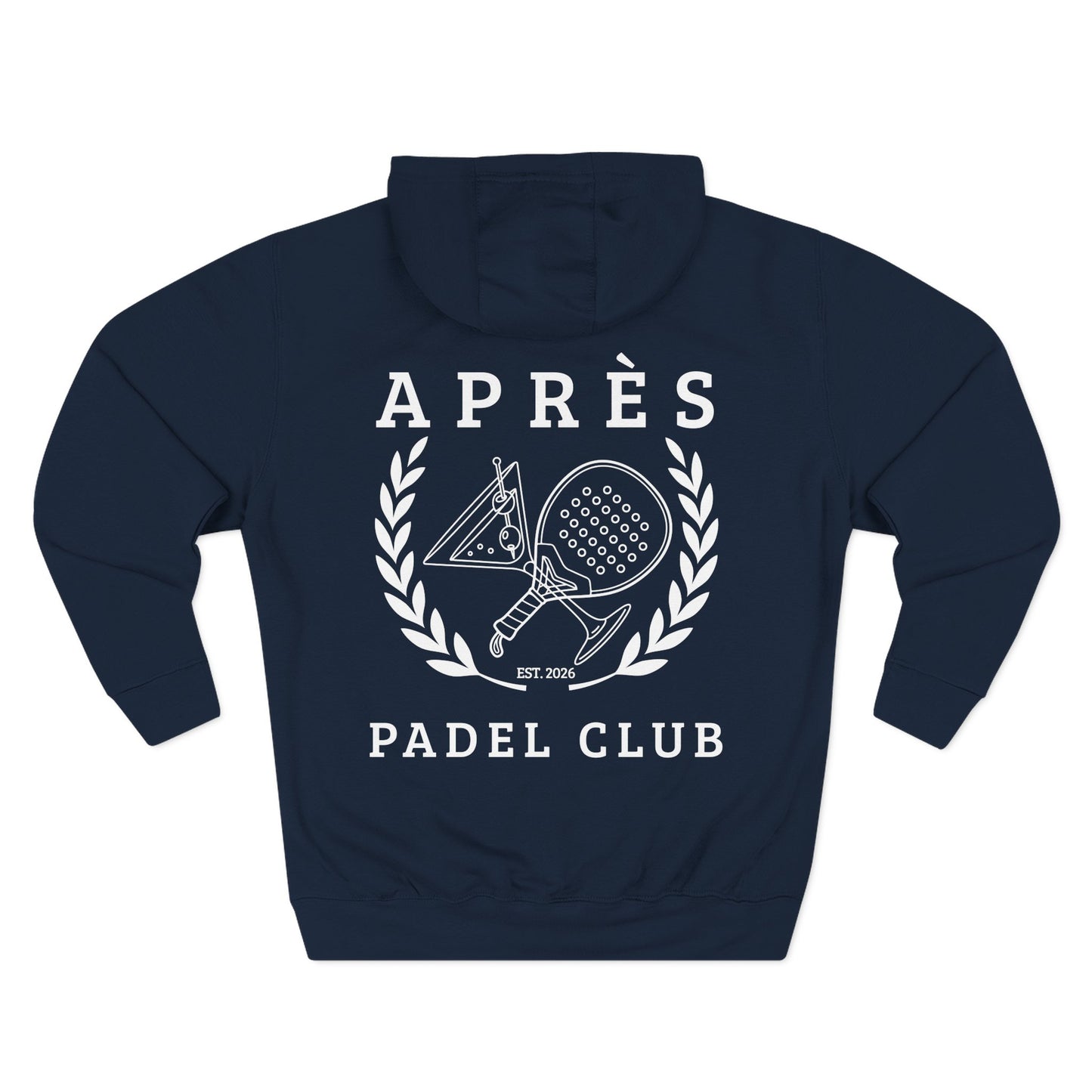 Hoodie Padel Navy blue hoodie with 'Apres Padel Club' logo on a white background