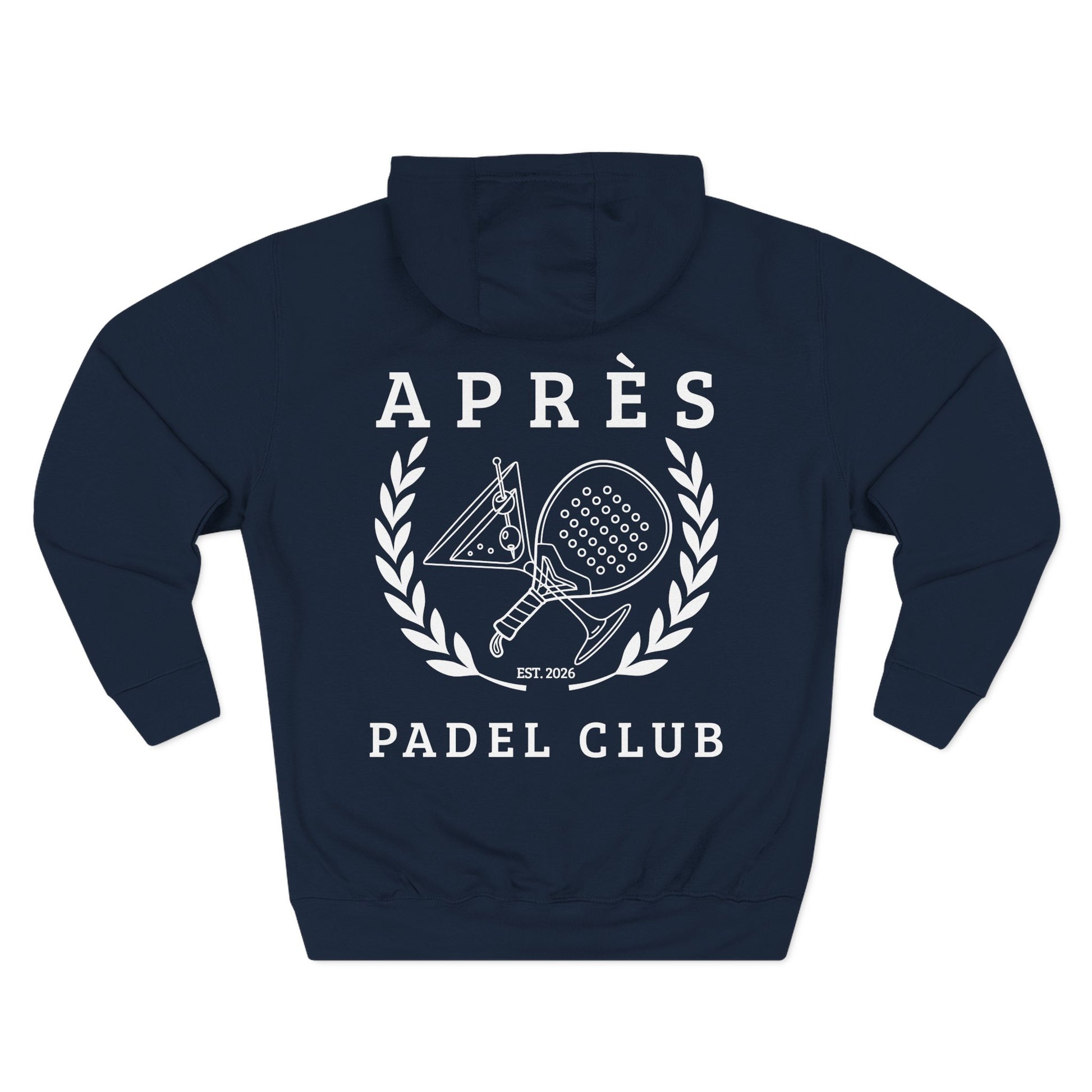 Hoodie Padel Navy blue hoodie with 'Apres Padel Club' logo on a white background