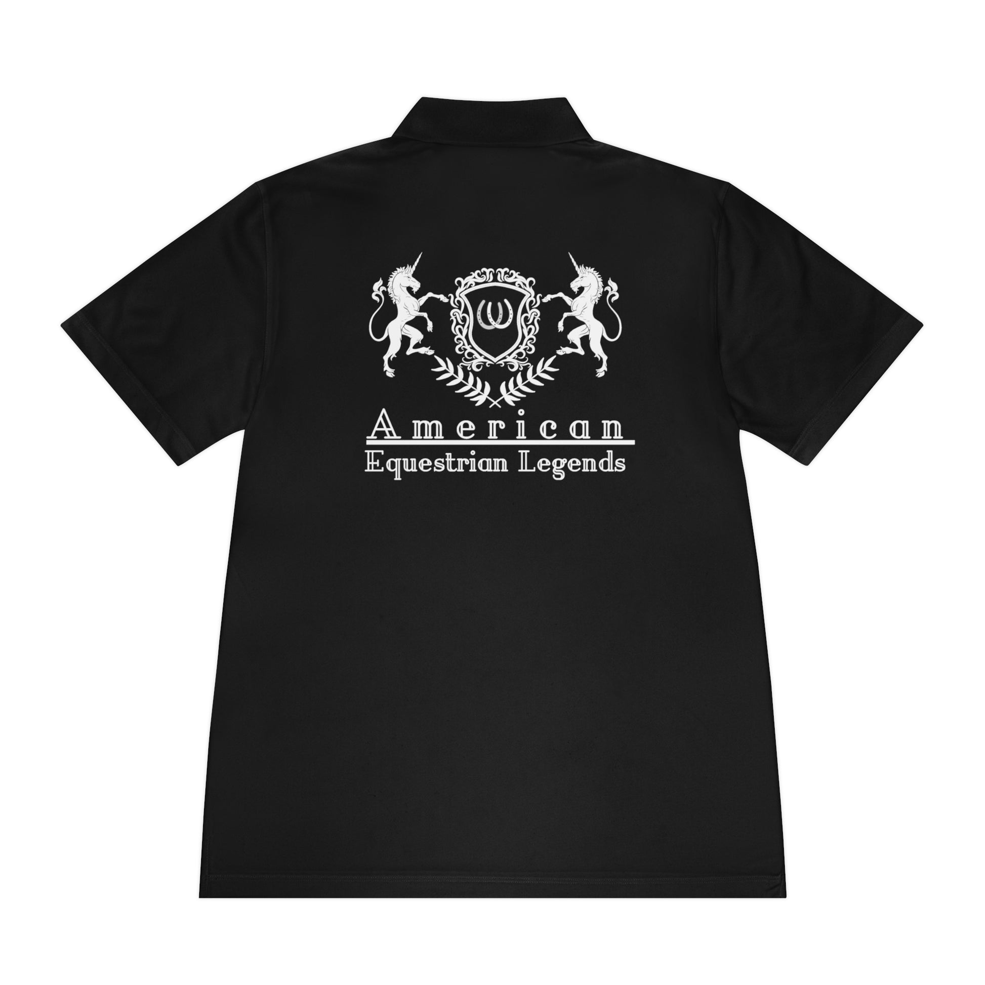 Black polo shirt with 'American Equestrian Legends' logo on the back