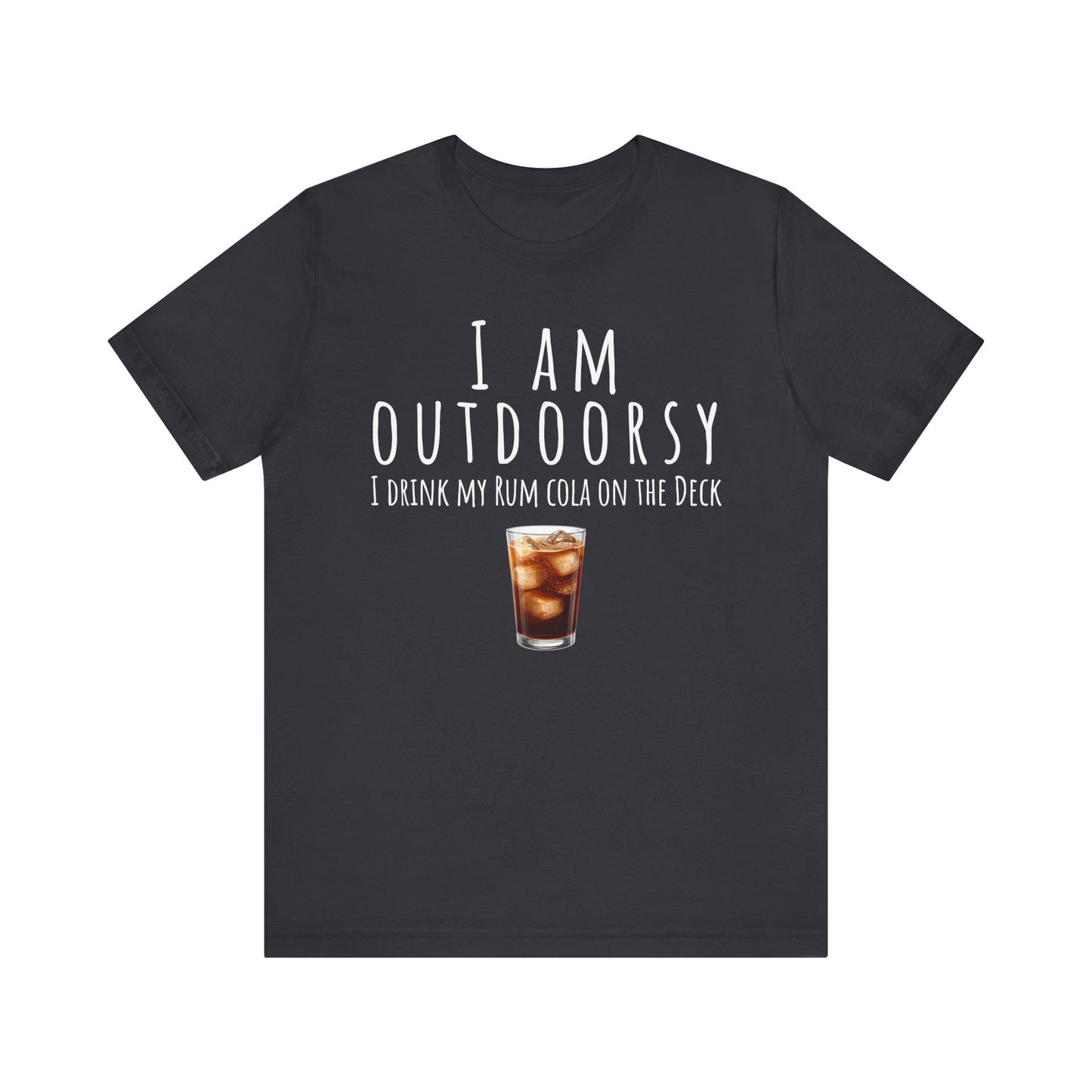 Black t-shirt with humorous text and a drink graphic on a white background