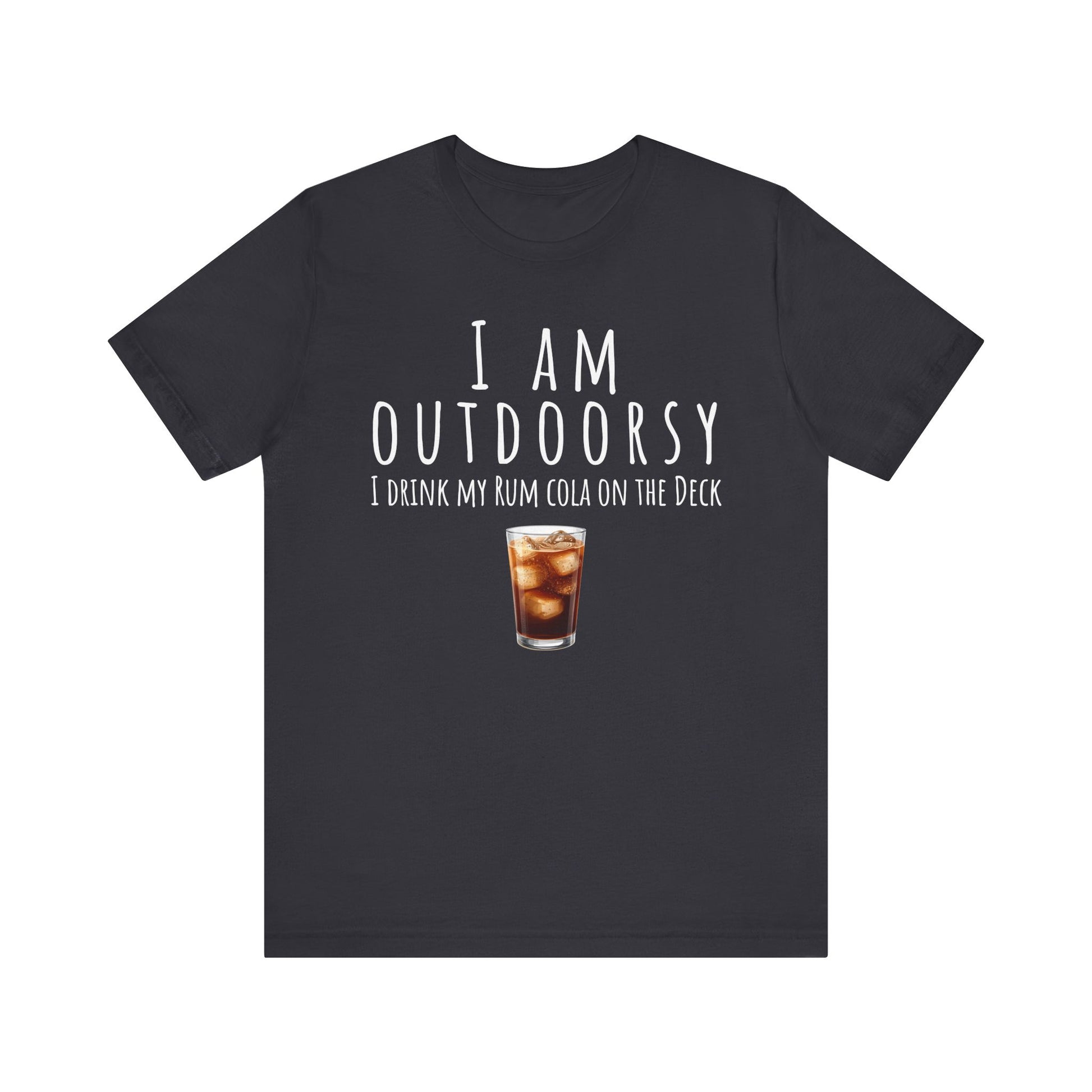 Black t-shirt with humorous text and a drink graphic on a white background