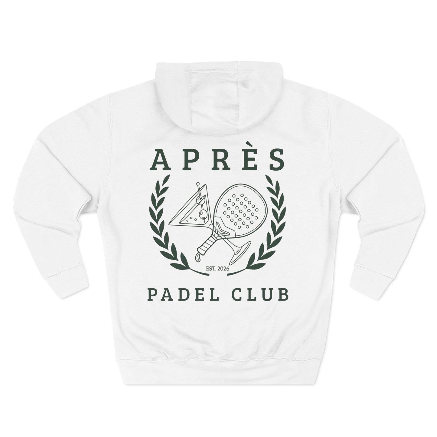 Padel Club Hoodie White hoodie with 'Apres Padel Club' design on a white background