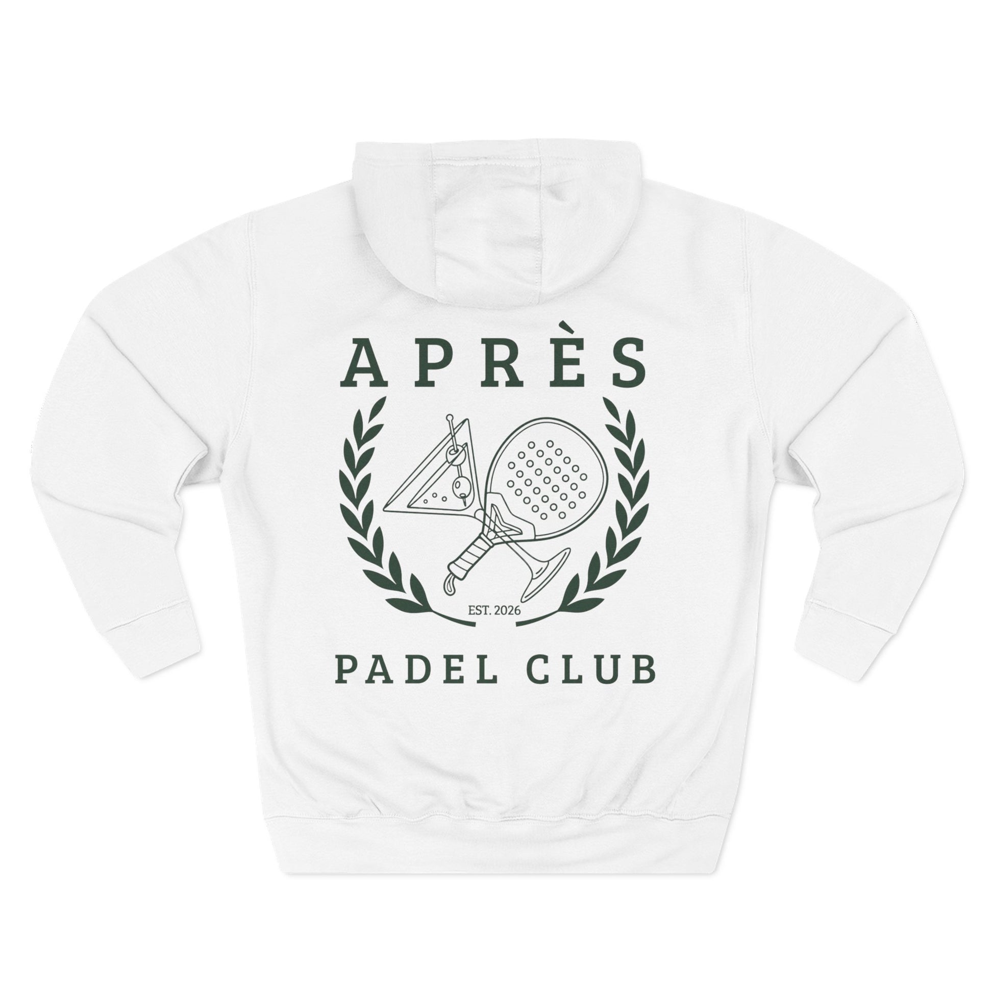 Padel Club Hoodie White hoodie with 'Apres Padel Club' design on a white background