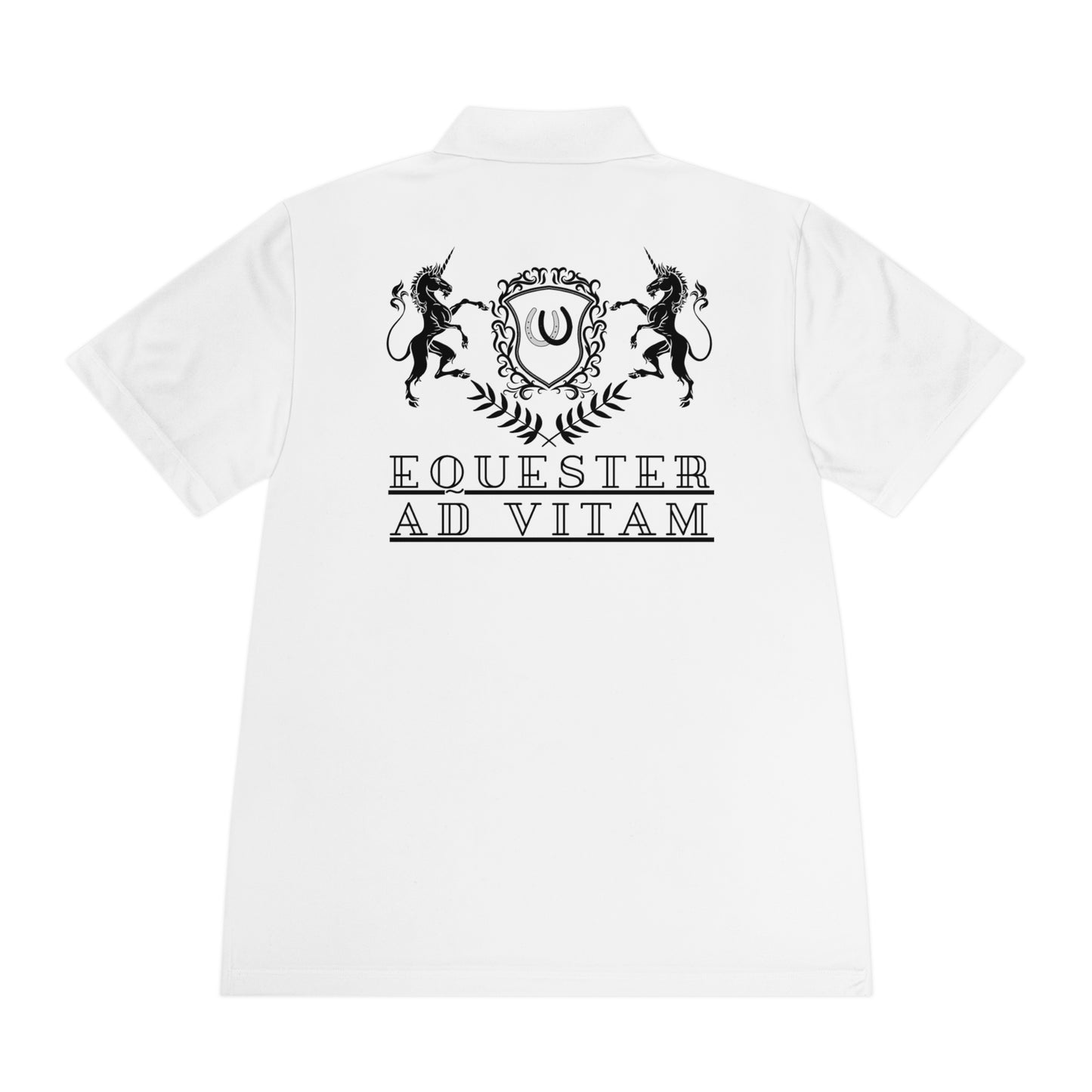 White polo shirt with black emblem and text on the back