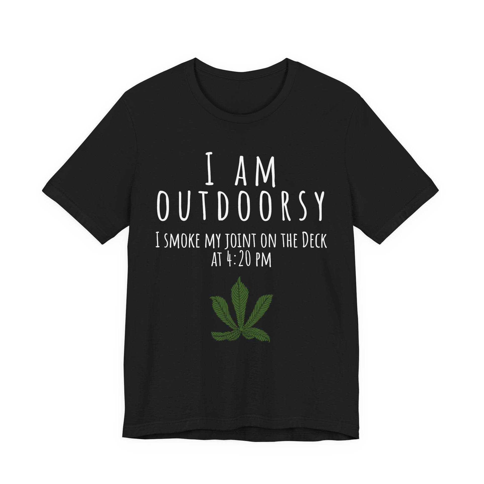 Black t-shirt with text and marijuana leaf graphic on a white background