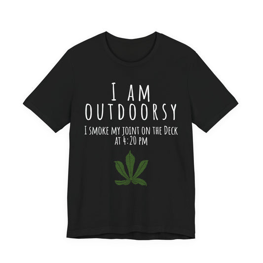 Black t-shirt with text and marijuana leaf graphic on a white background