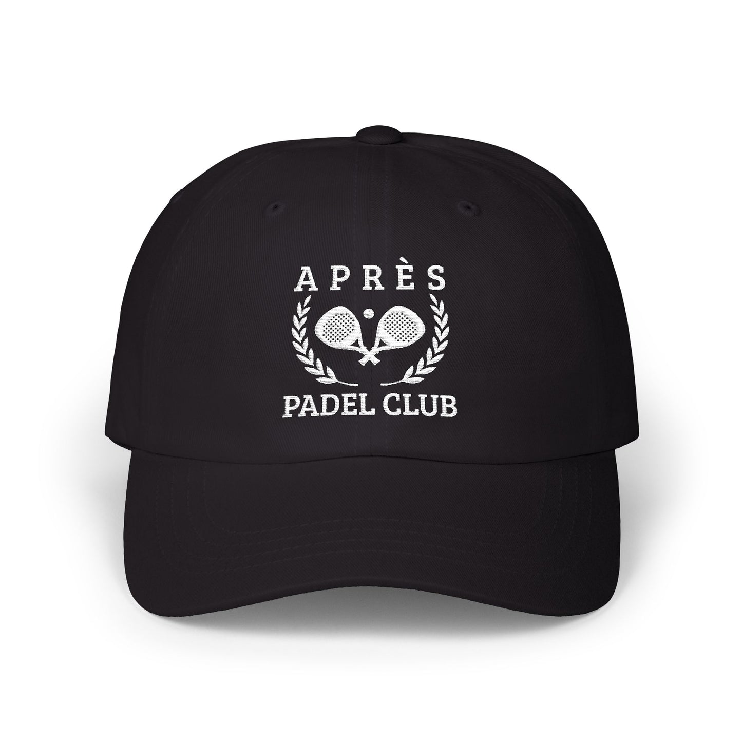 Padel Cap Black cap with a white crown logo on a white background